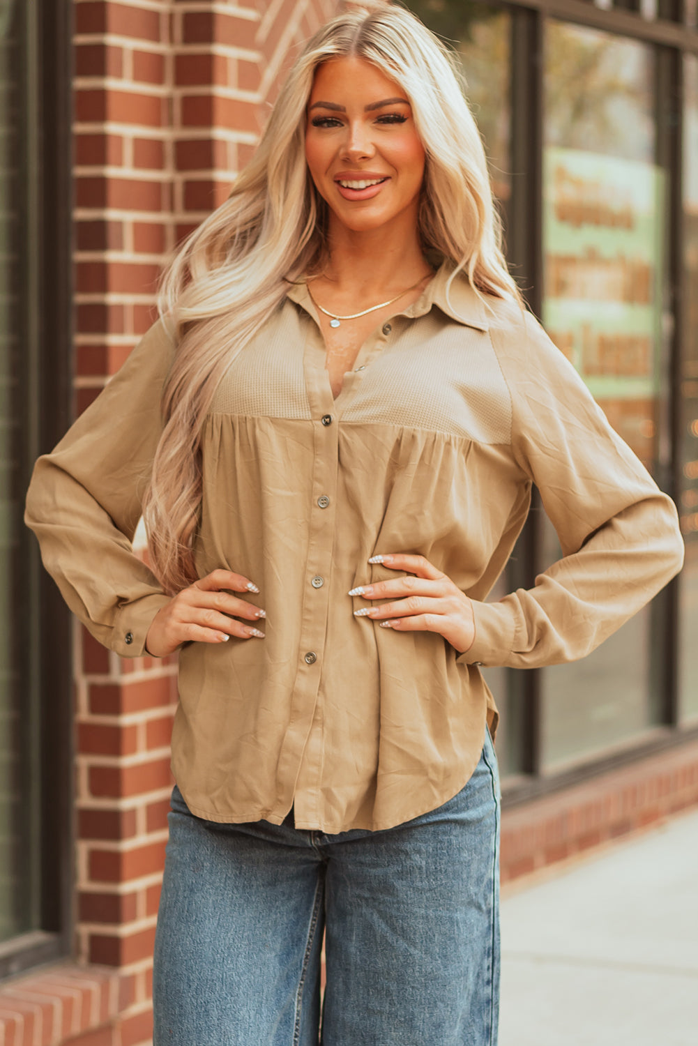 Light French Beige Waffle Patchwork Button Up Frayed Hem Shirt