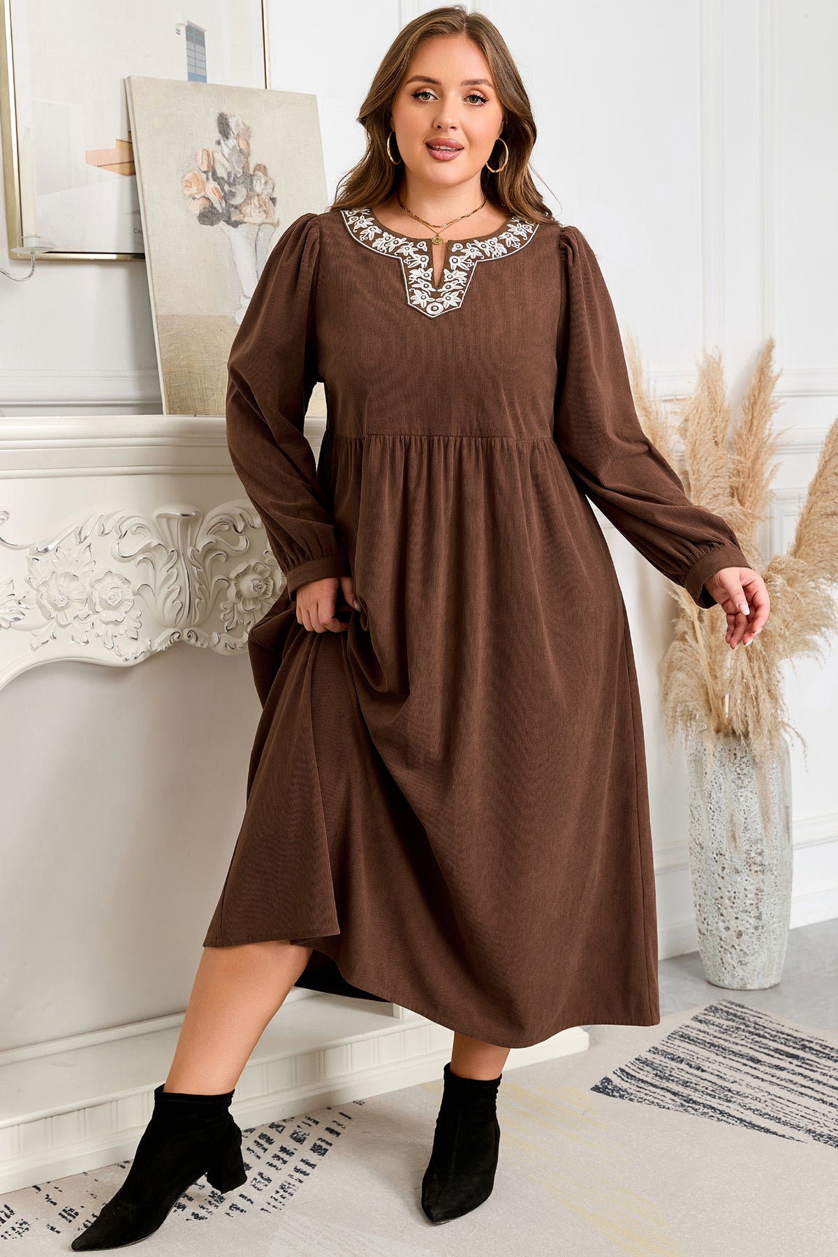 Coffee Embroidered Notched Neckline Textured Pleated High Waist Plus Size Midi Dress