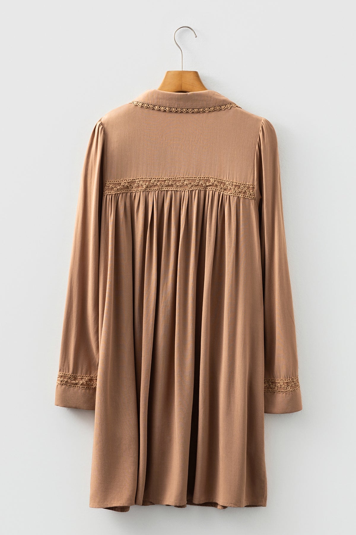 Straw Yellow Lace Trim Peter Pan Collar Long Sleeve Mini Shirt Dress
