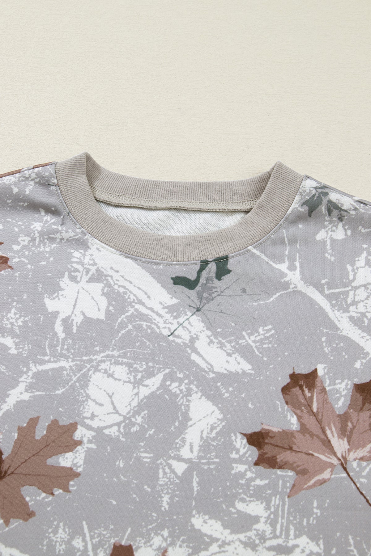 Gray Maple Leaf Camo Print Varsity Striped Sleeve Casual Sweatshirt