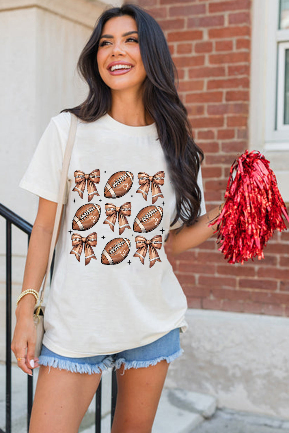 White Football Fashion Bow Print Cotton Blend T Shirt