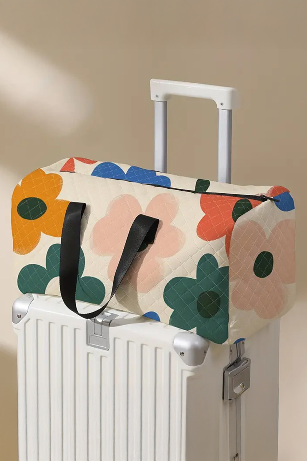 White Flower Print Quilted Large Duffel Bag