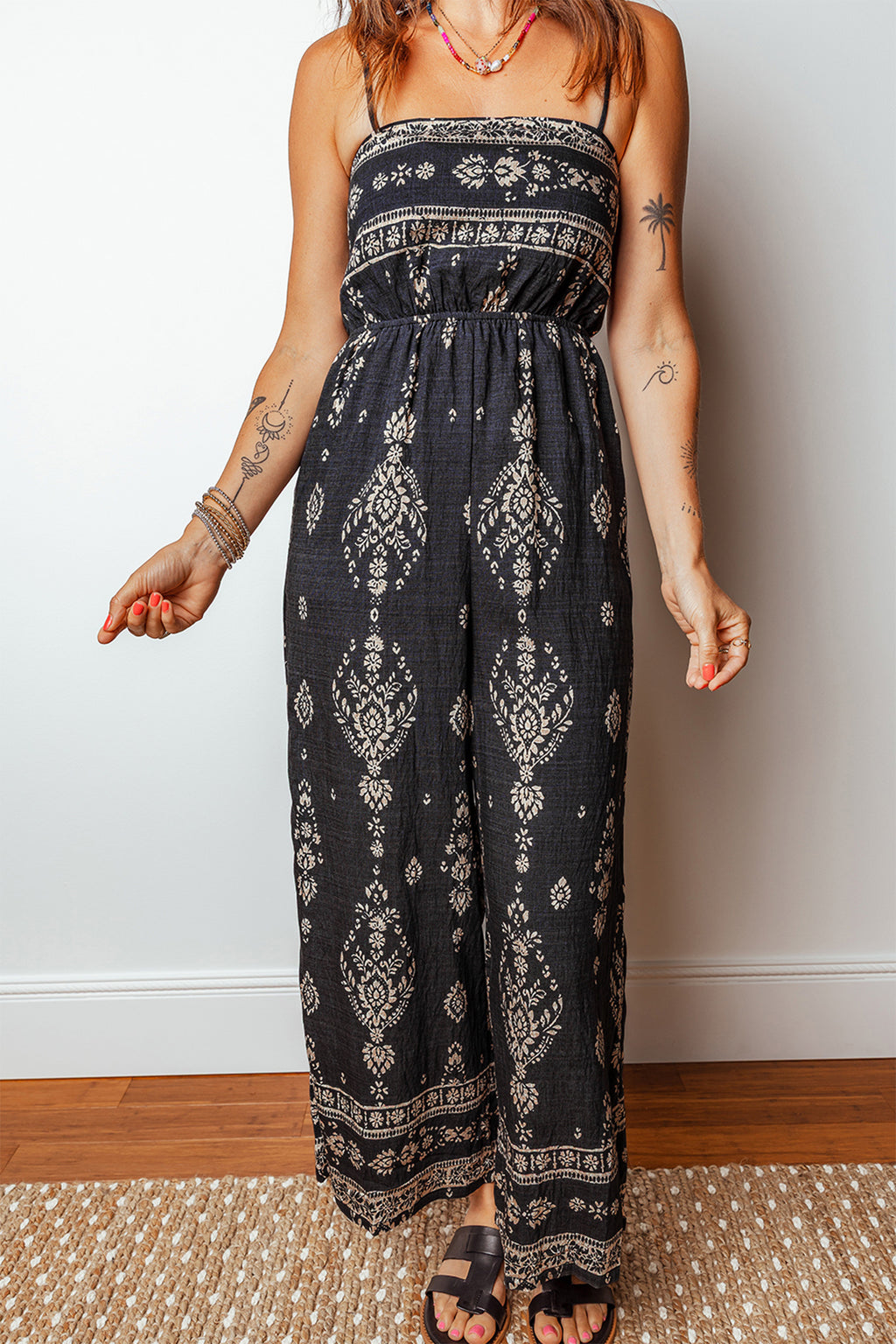 Black Spaghetti Straps Elastic Waist Loose Ethnic Print Jumpsuit