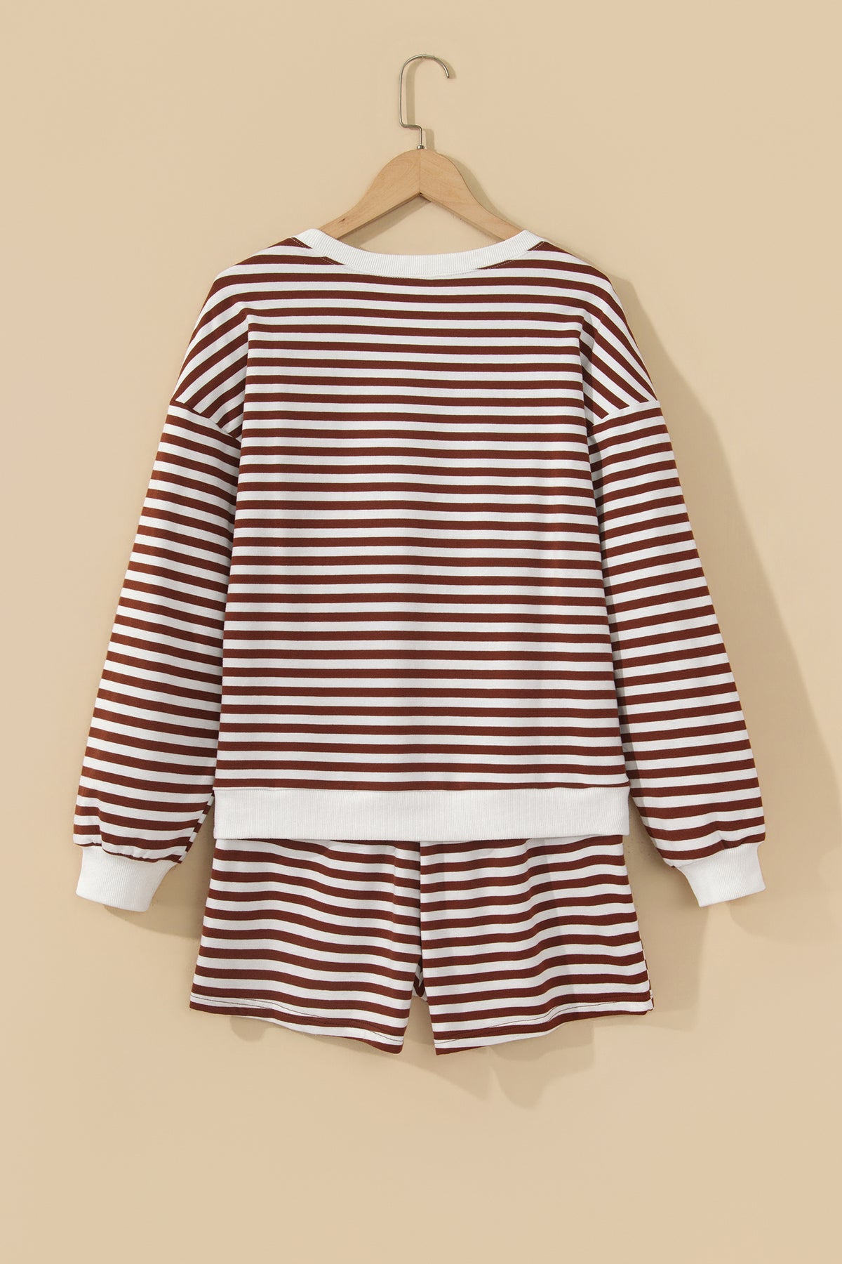 Grapefruit Orange Drop Shoulder Long Sleeve Pullover Elastic Waist Casual Short Set