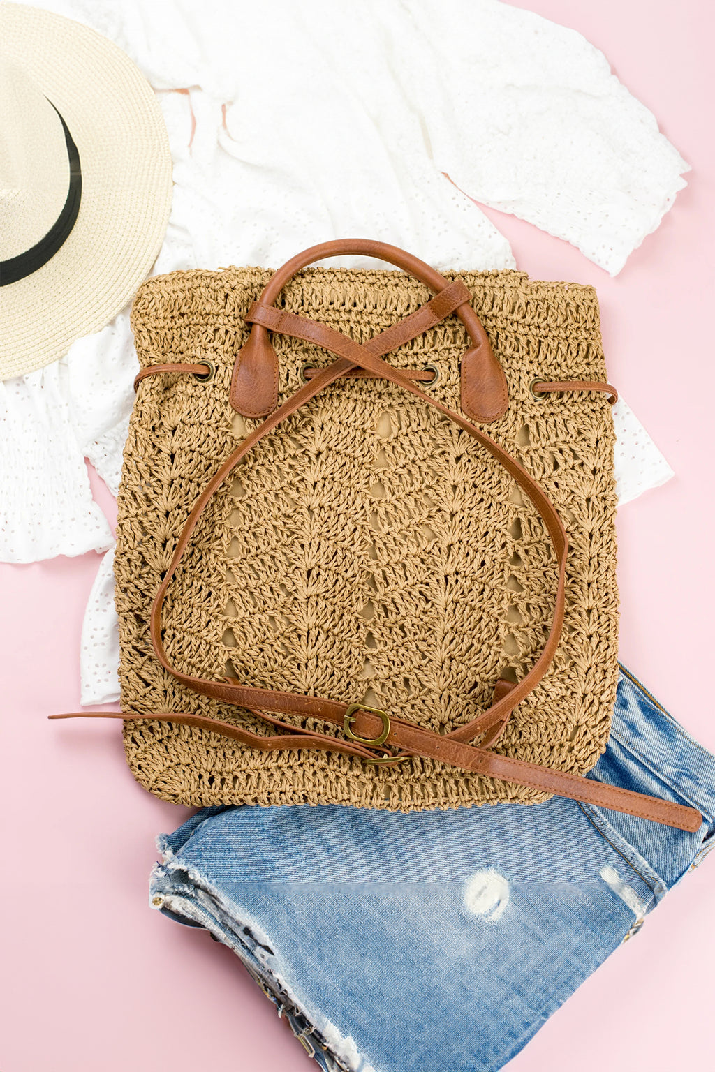 Thai Curry Retro Straw Woven PU Leather Straps Casual Backpack