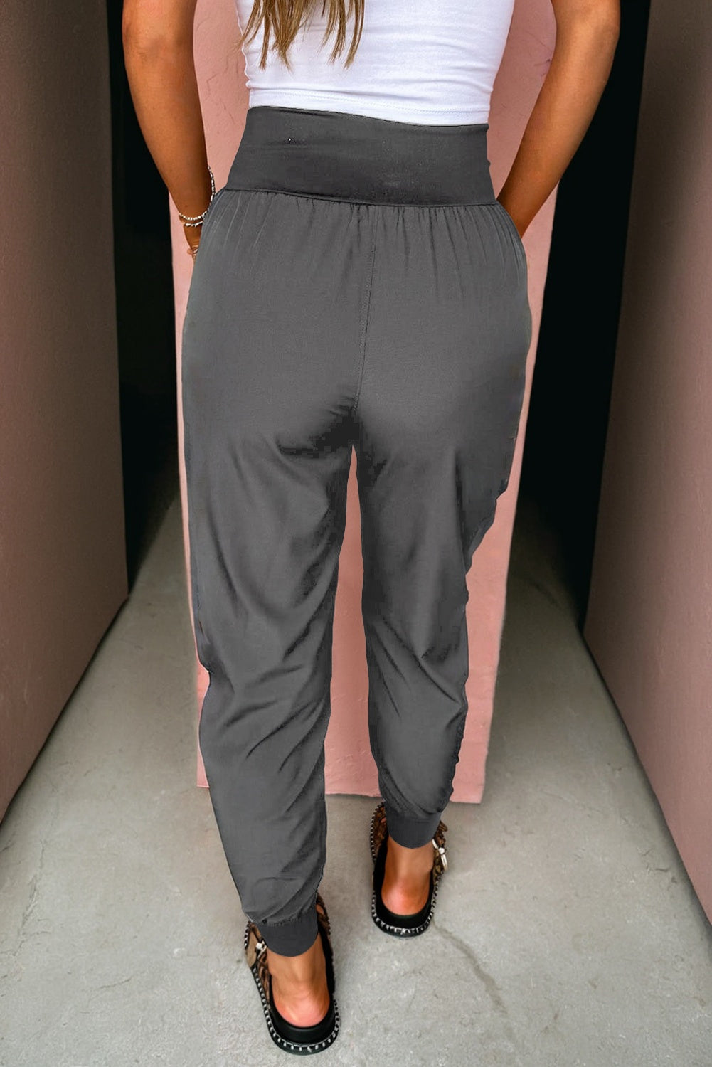 Black Elastic High Waist Pocketed Cargo Jogger Pants