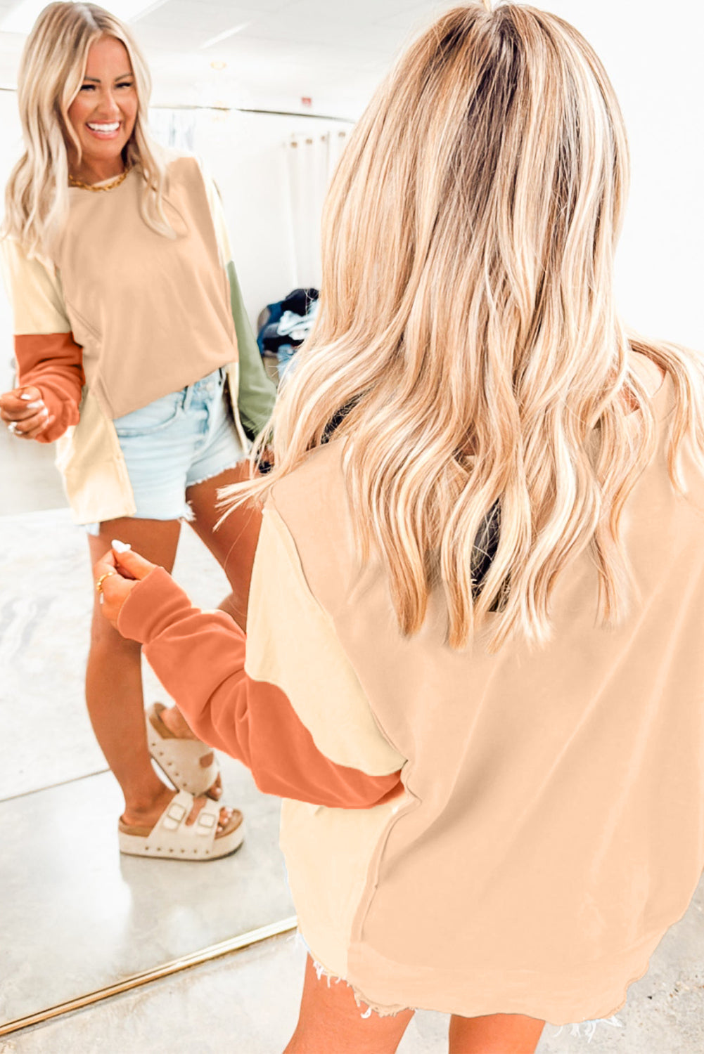 Beige Color Block Patchwork Split Hem Casual Sweatshirt