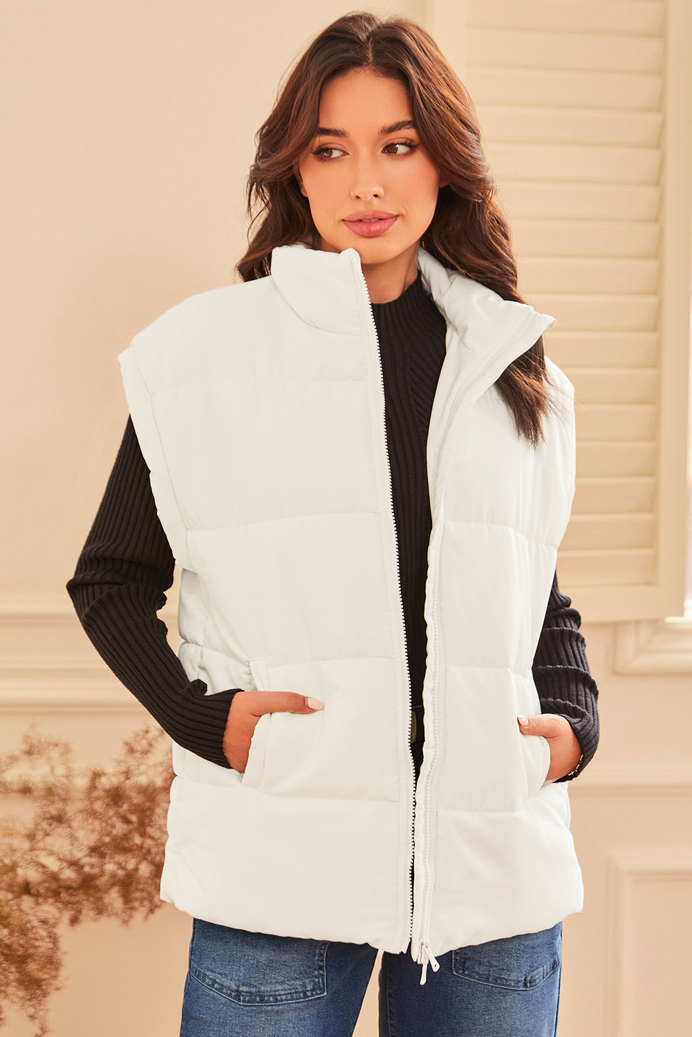 Beige  Zipper Stand Neck Oversized Puffer Vest