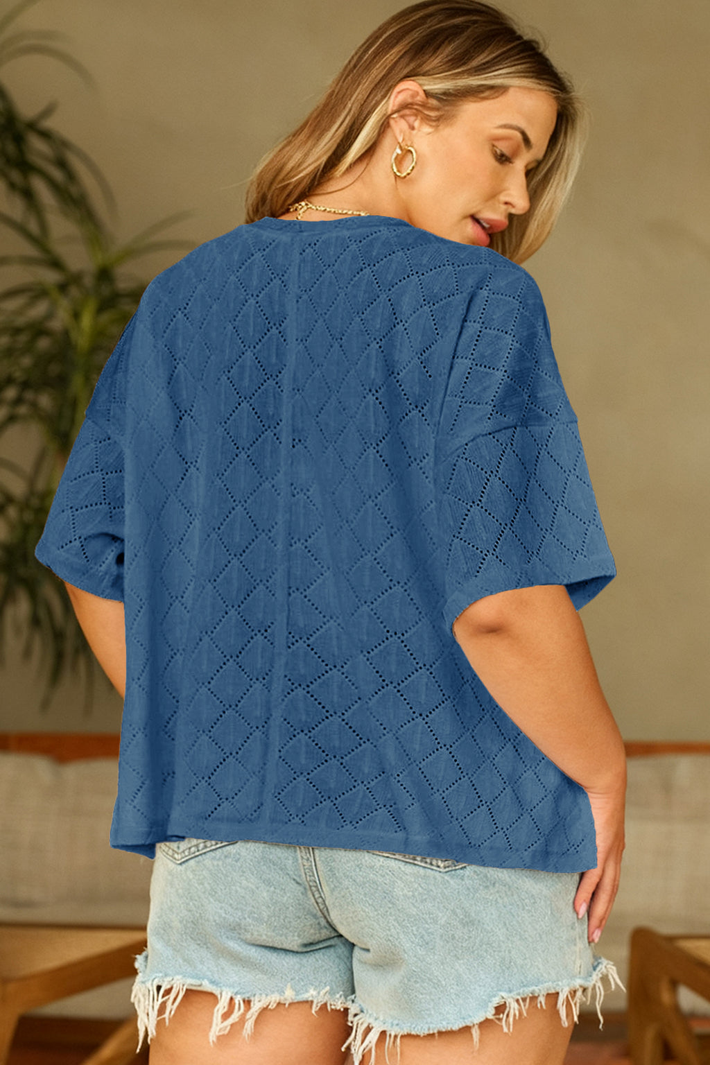 Sky Blue Pointelle Rhombus Knit Plus Size V Neck Loose Top