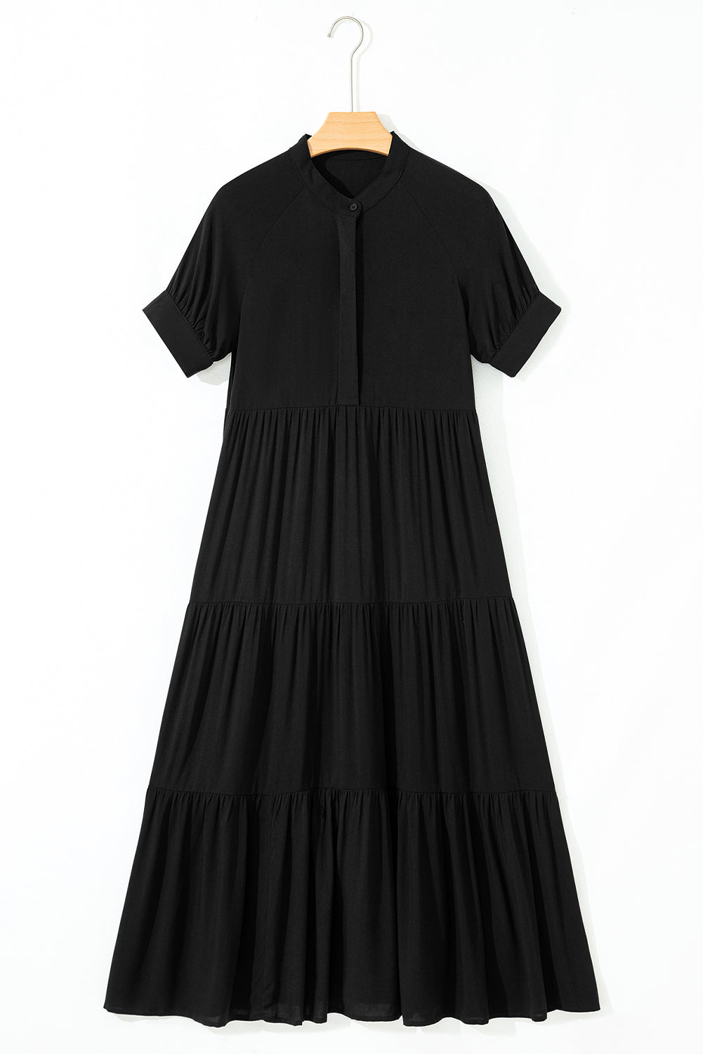 Black Hidden Buttons Short Sleeve Ruffle Tiered Long Flared Dress