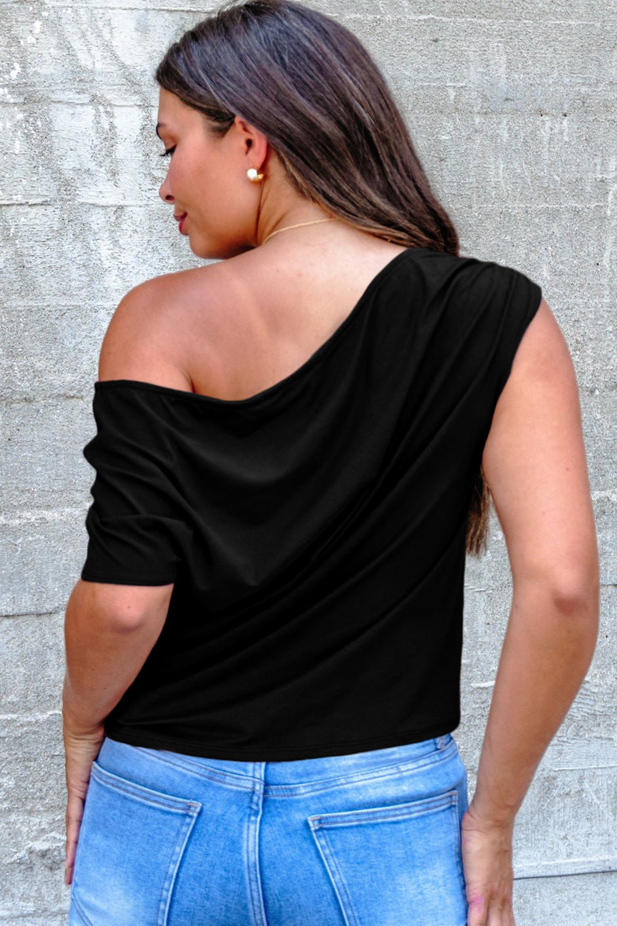 Coffee Plus Size Solid Color Asymmetric Neck Short Sleeve Blouse