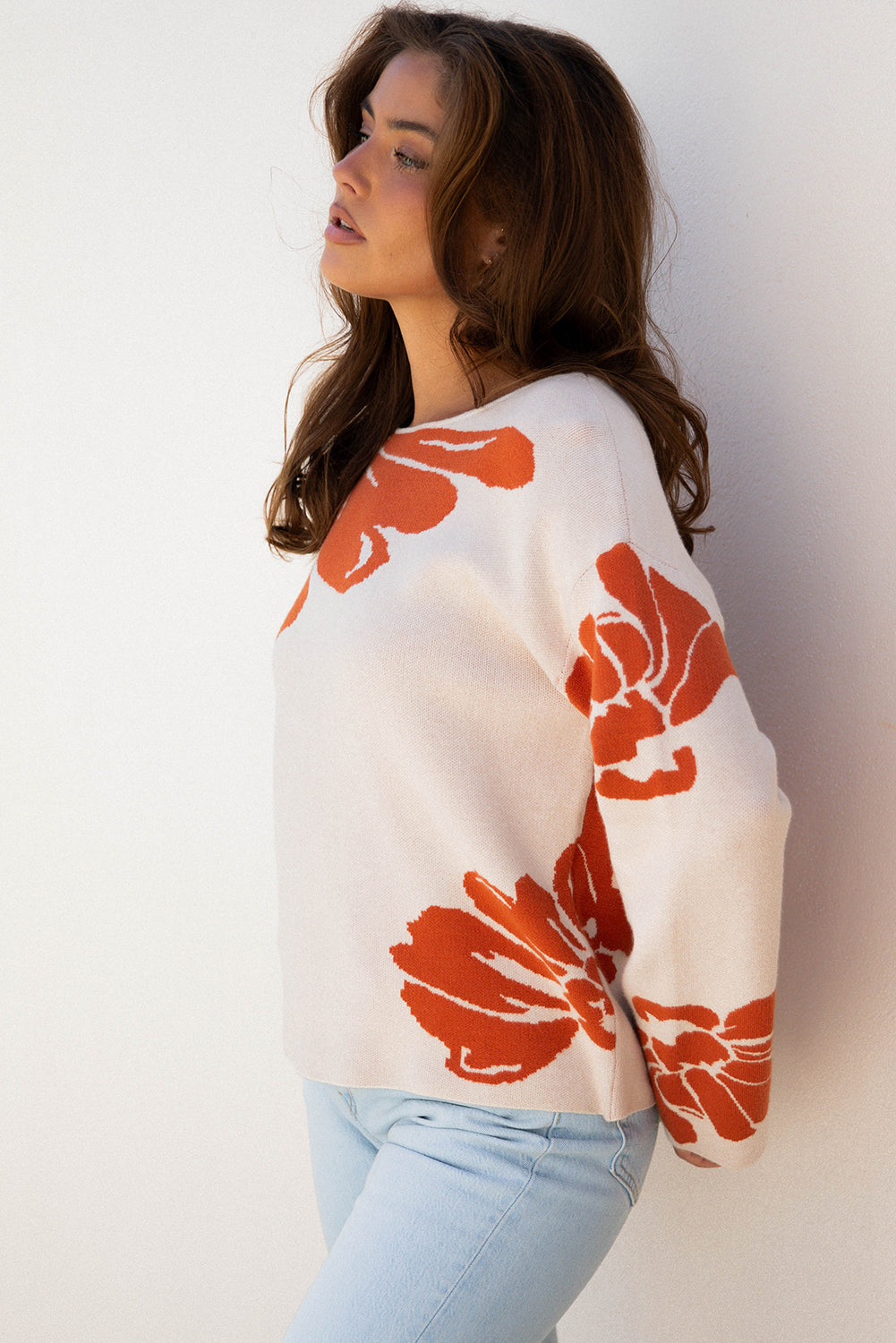 Beige Bold Flower Pattern Wide Sleeve Baggy Sweater