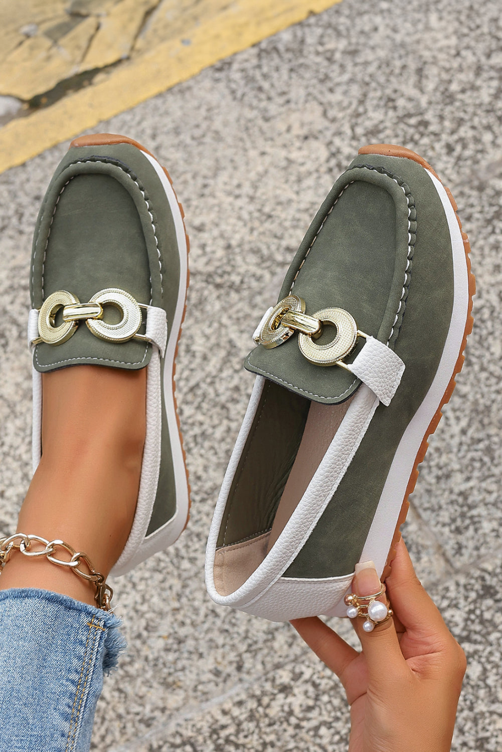Blackish Green Metal Ring Decor Thick Sole Slip On Loafers