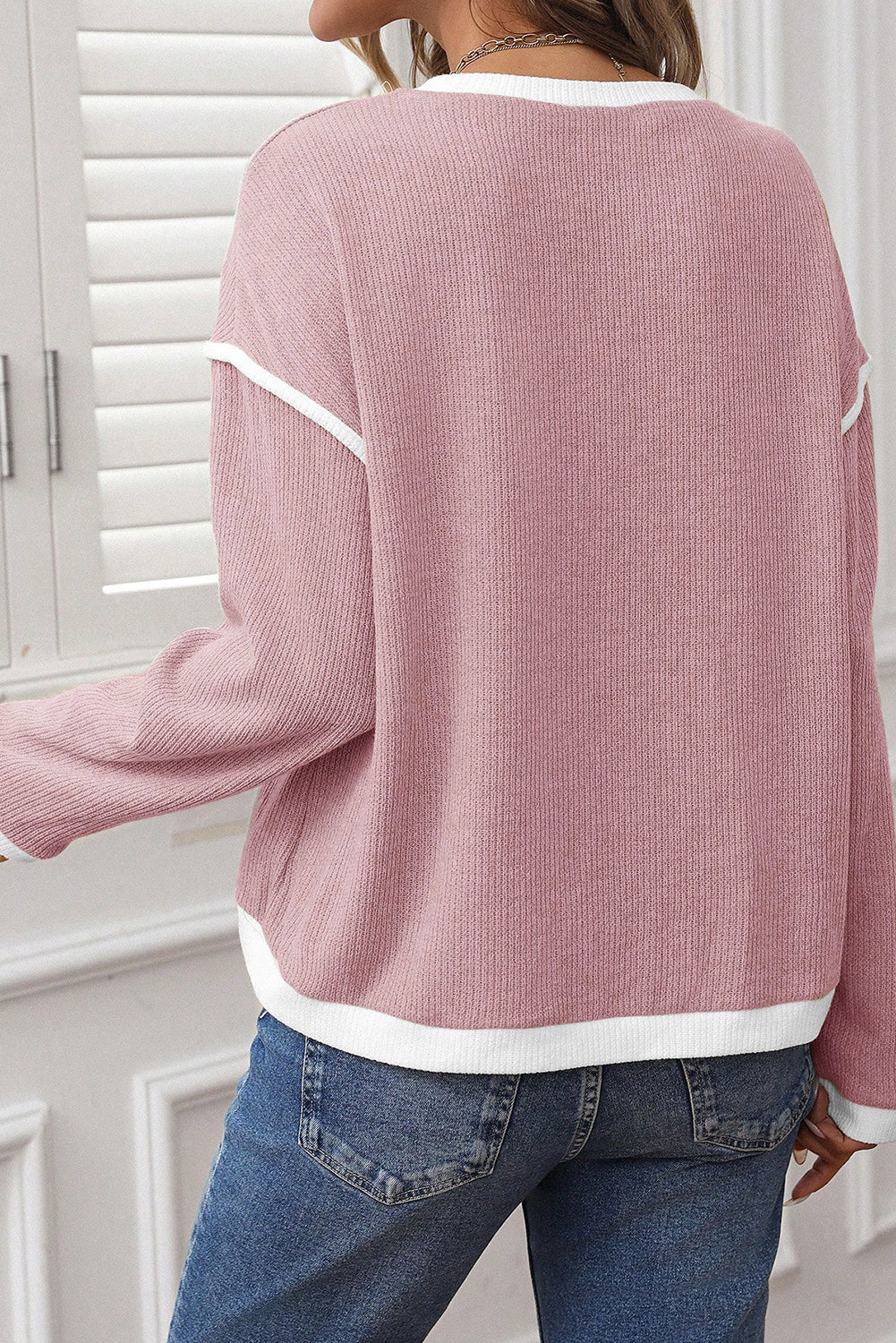Four Leaf Clover Contrast Color Trim Knit Drop Shoulder Loose Top