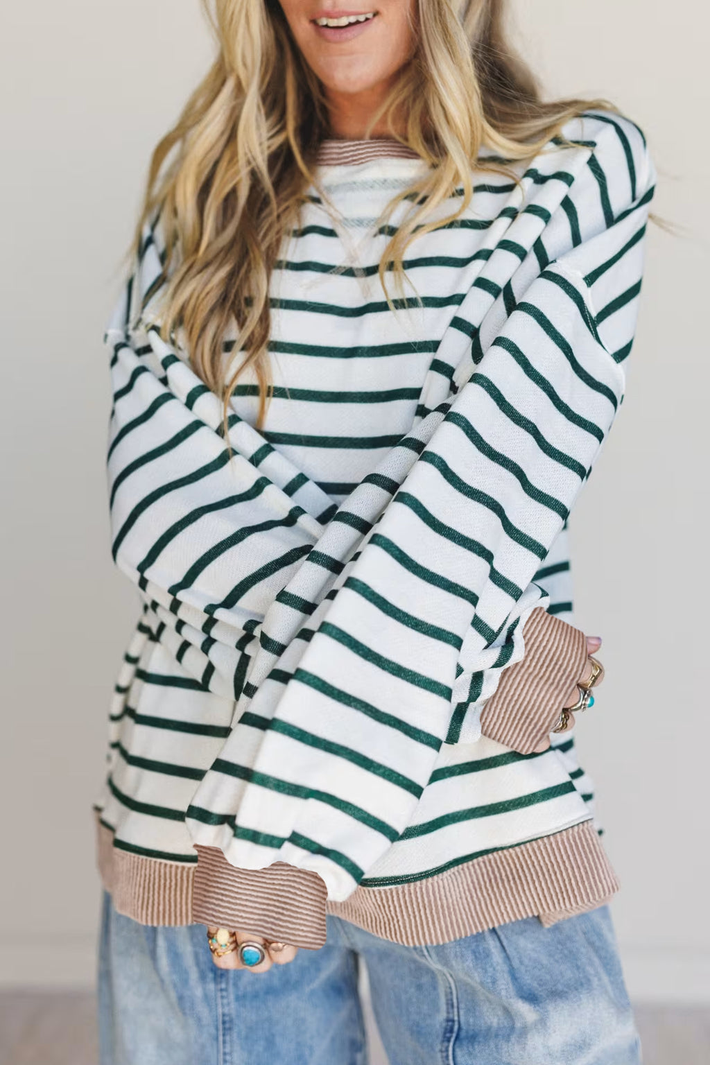 White Stripe Twisted Ribbed Patchwork Drop Shoulder Round Neck Sweatshirt