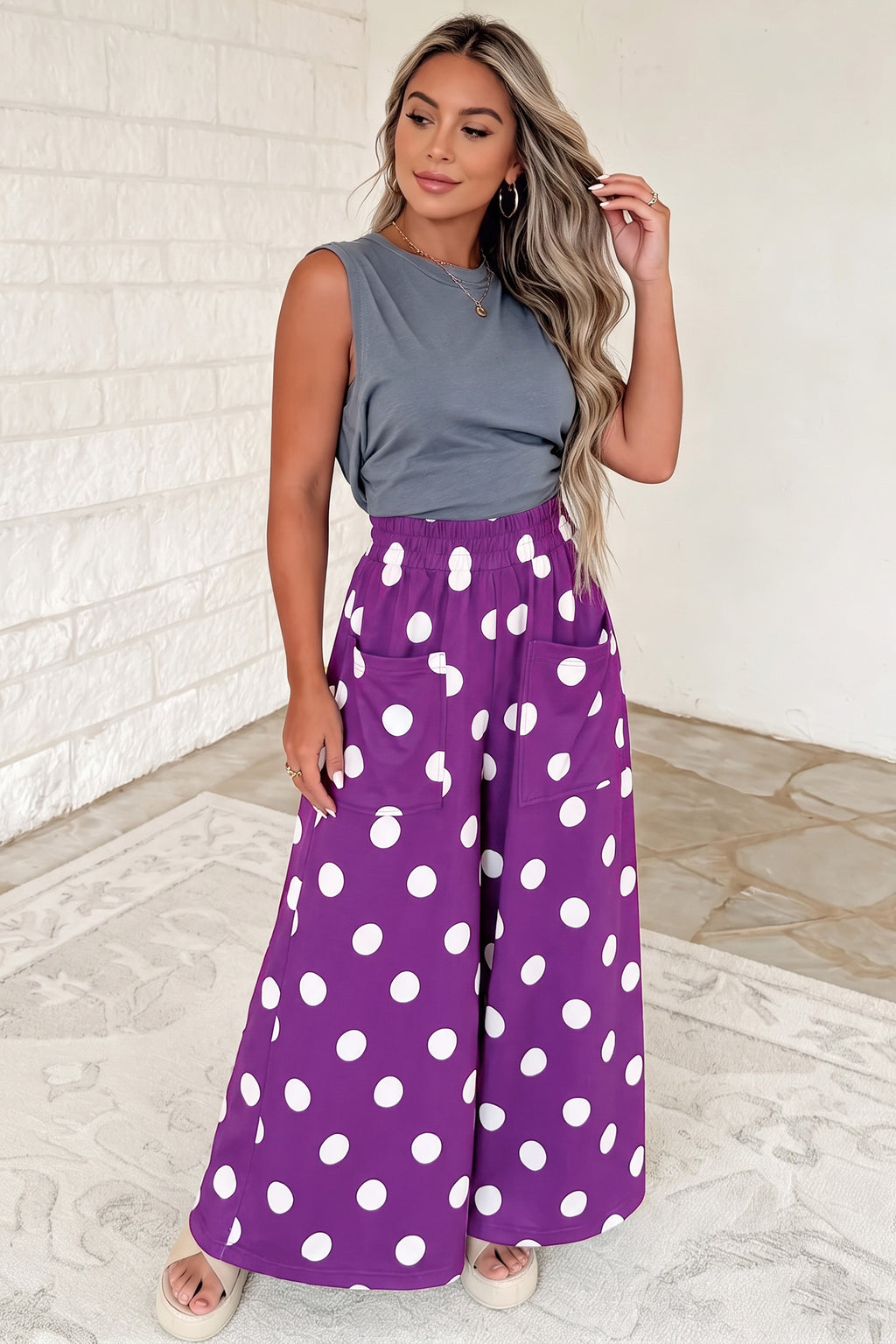 Burgundy Polka Dot Wide Leg Elastic Waist Casual Pants