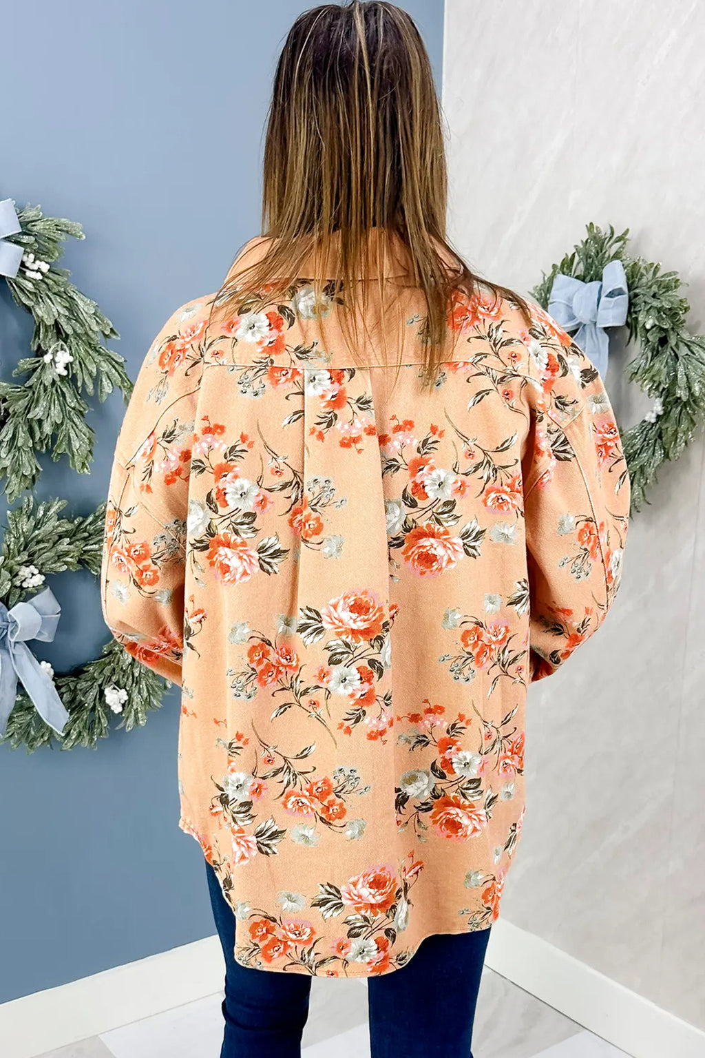 Khaki Floral Print Long Sleeve Shift 100% Cotton Denim Jacket