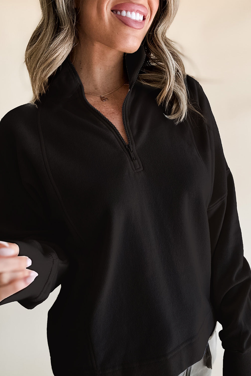 Jungle Green Zipped Neck Pullover Drop Shoulder Sweatshirt
