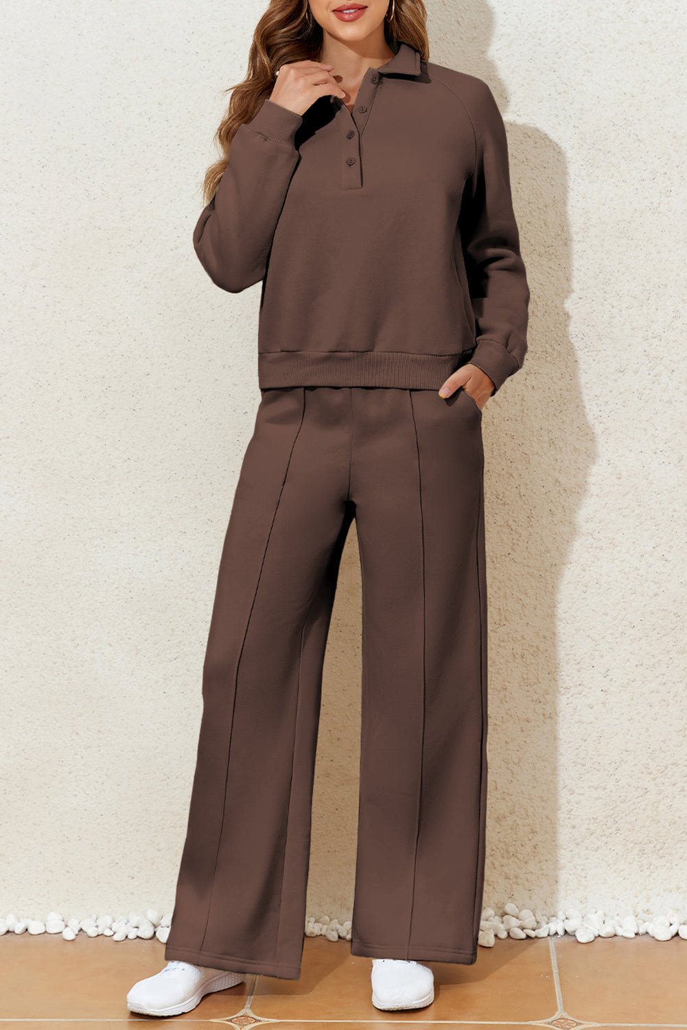 Dark Brown Solid Collared Sweatshirt and High Waist Pants Active Set