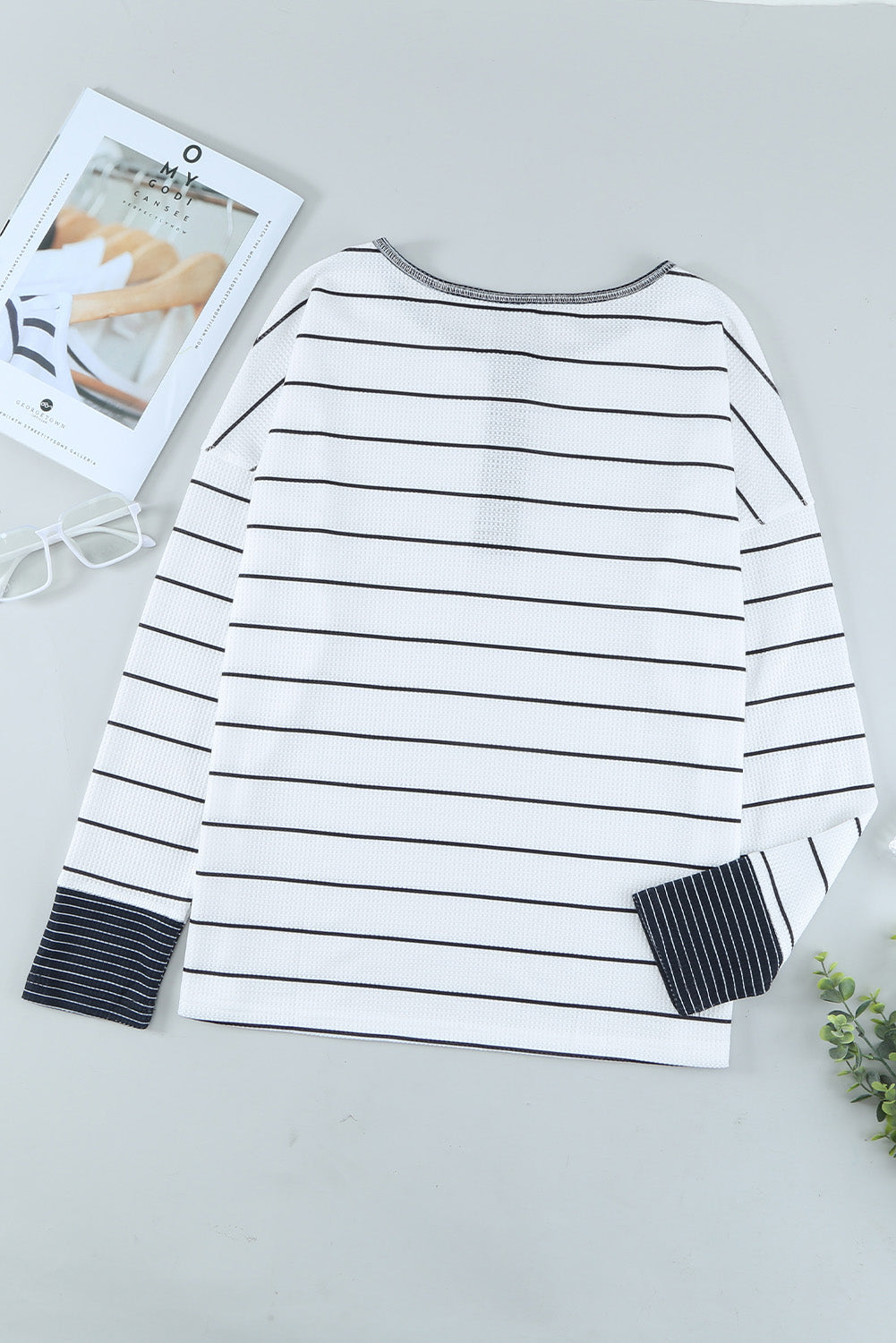 White Striped Buttoned Henley Waffle Knit Top