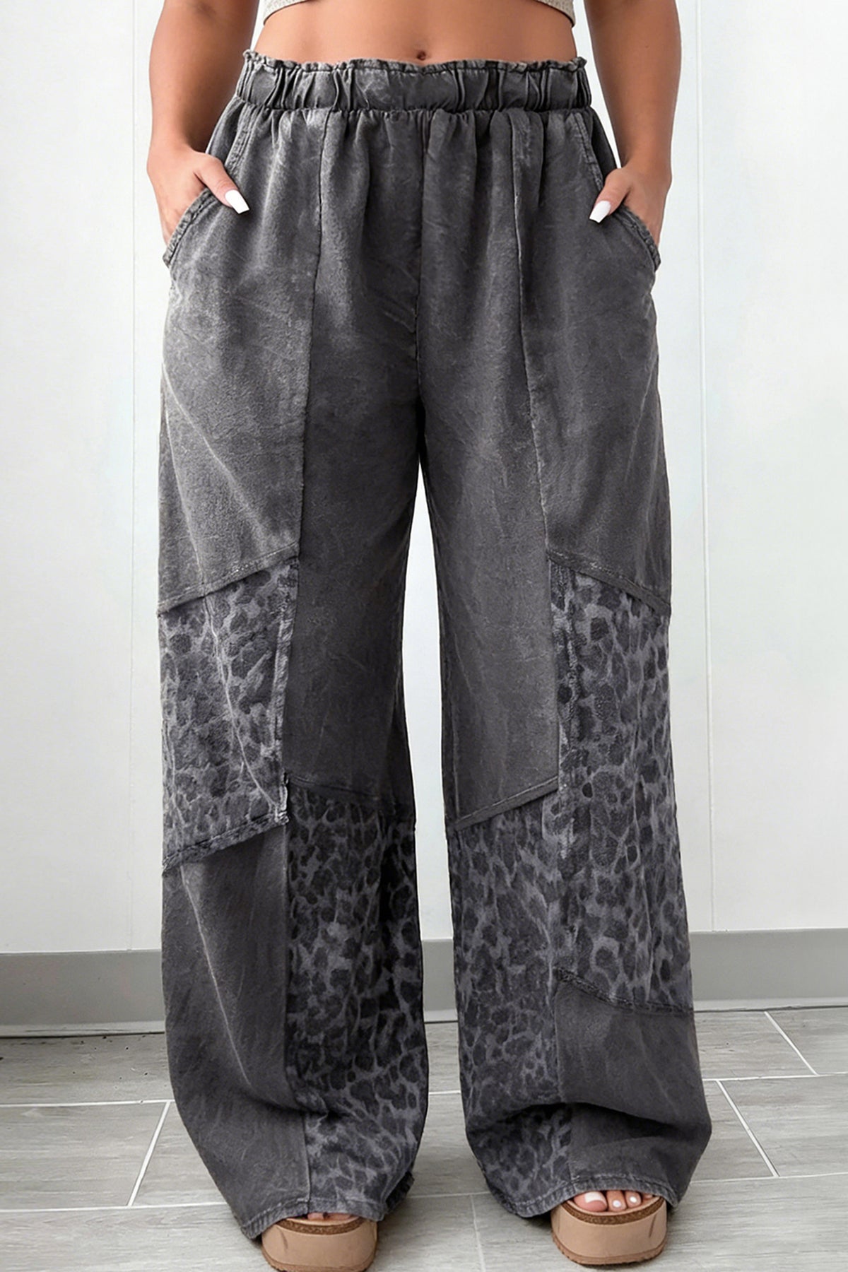 Dark Grey Plus Size Leopard Patchwork Mineral Wash Wide Leg Pants
