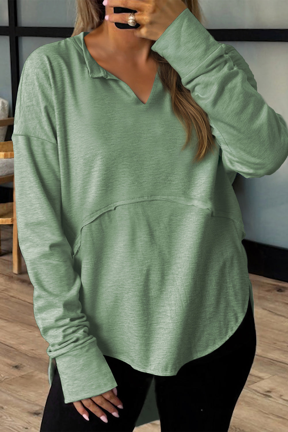 Smoke Green Notched Neck Terry Raw Hem Long Sleeve Top