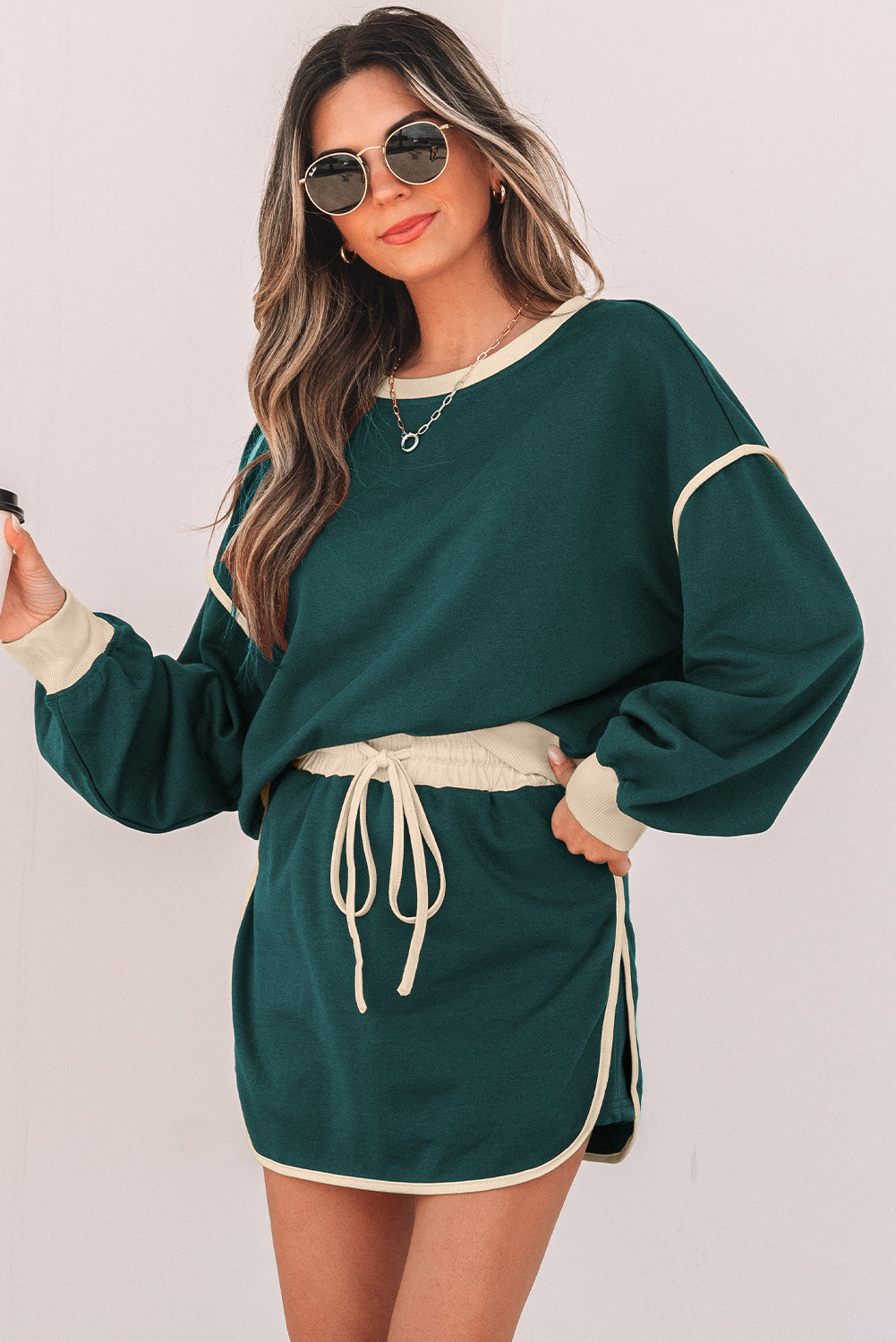 Coffee Color Contrast Loose Pullover and Lace-up Waist Skort Set