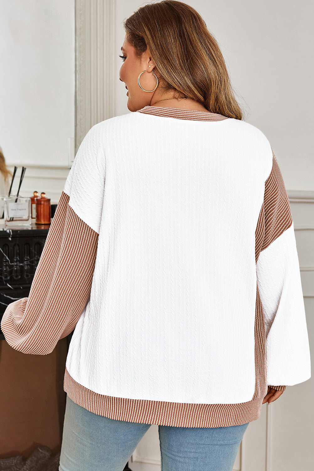 White Cable Texture Ribbed Color Block Plus Size Knit Top