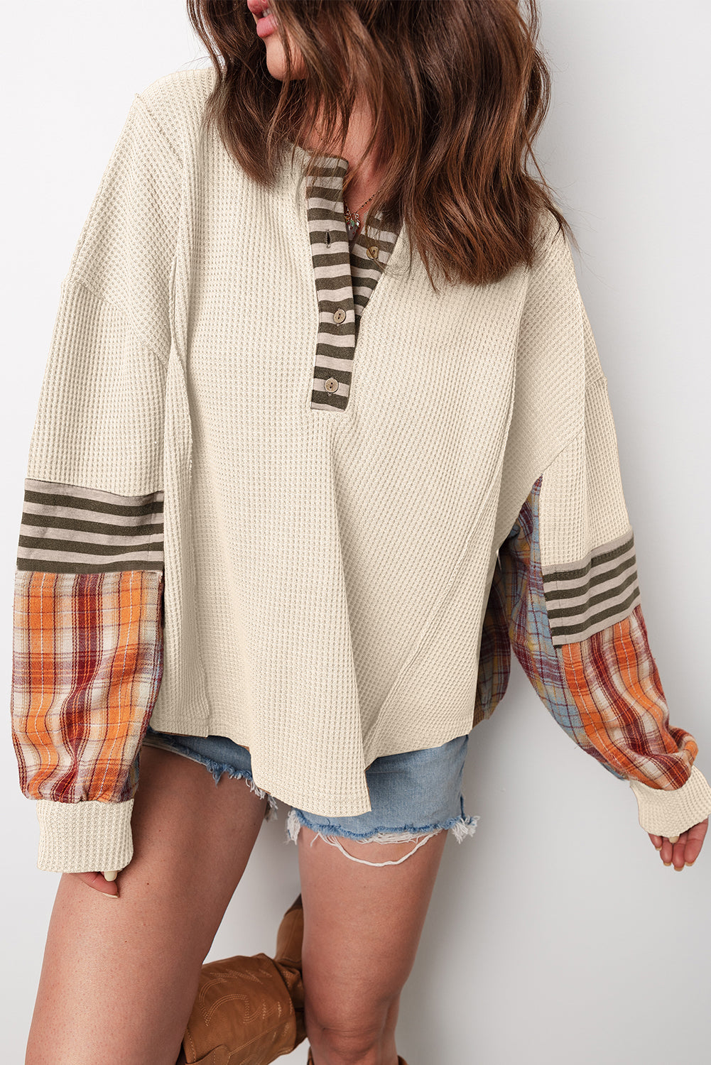 Beige Waffle Stripe Plaid Patchwork Henley Knit Top