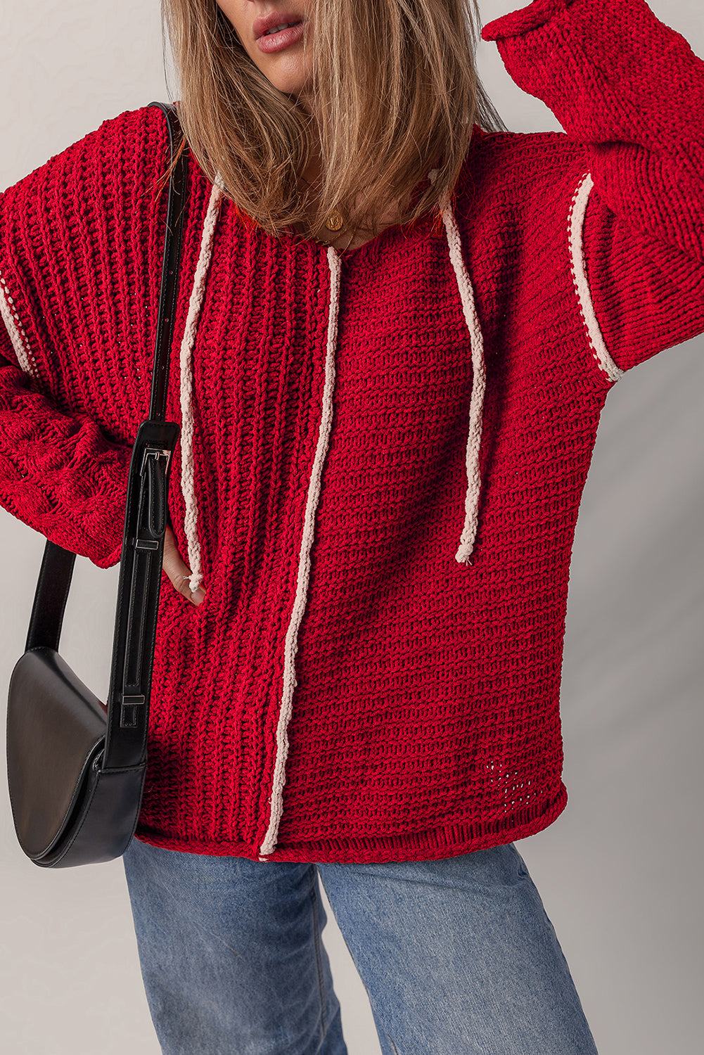 Racing Red Color Contrast Trim Textured Knit Drawstring Hooded Sweater
