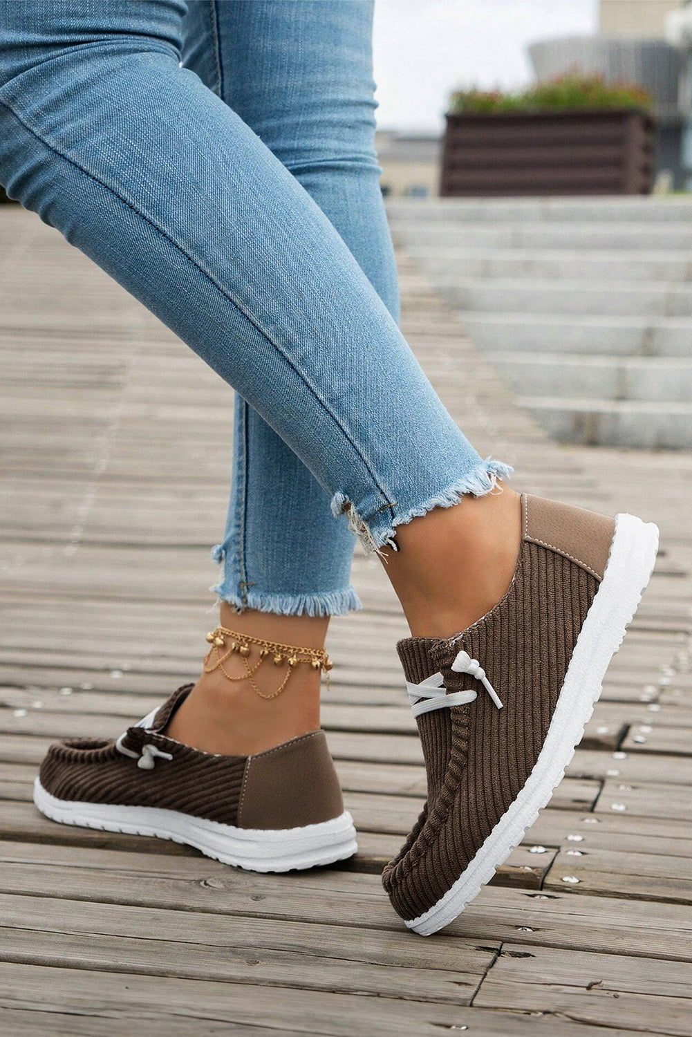 Coffee Solid Ribbed Criss Cross Slip On Casual Shoes