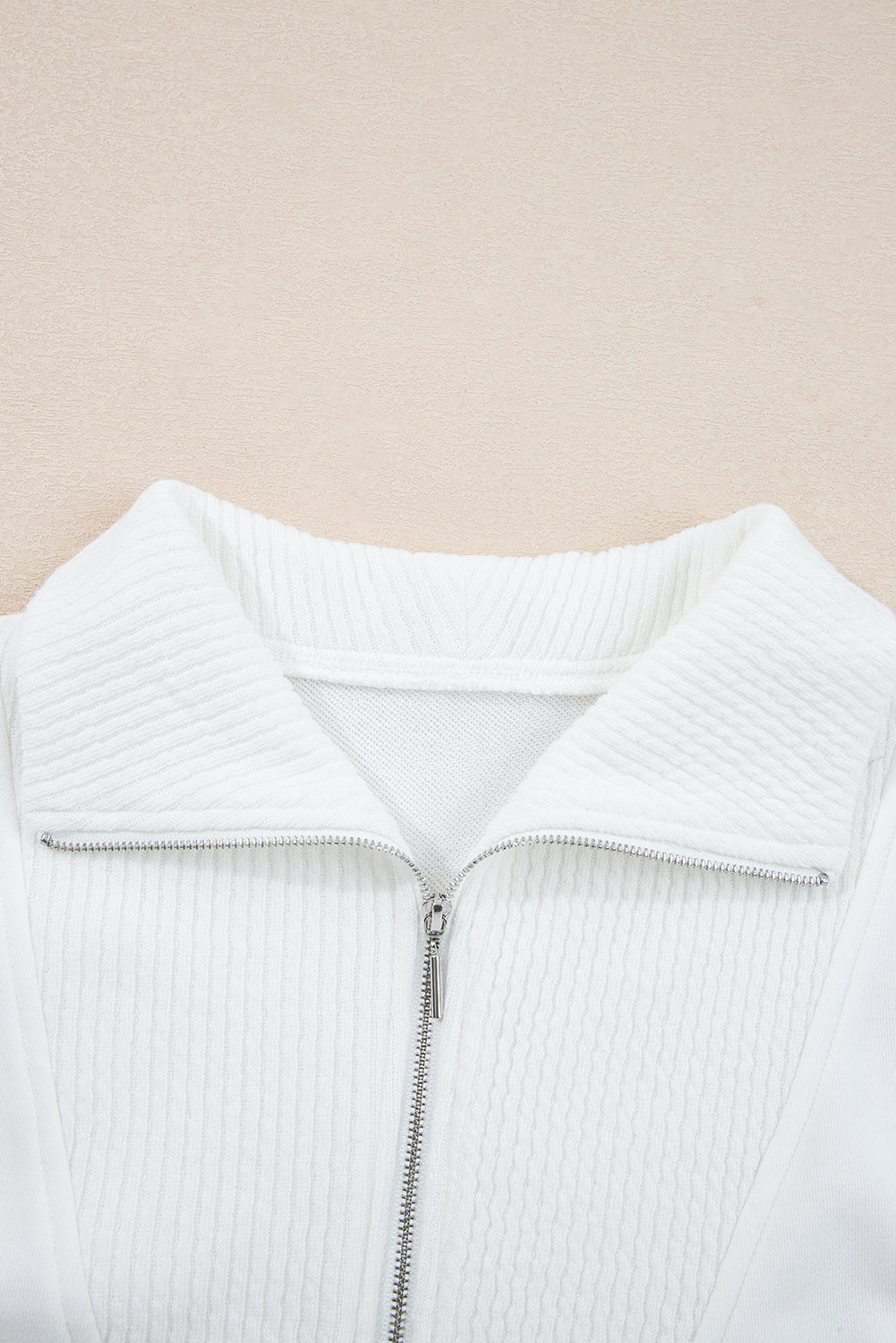White Ribbed Collar Drop Shoulder Sweatshirt and Shorts Set