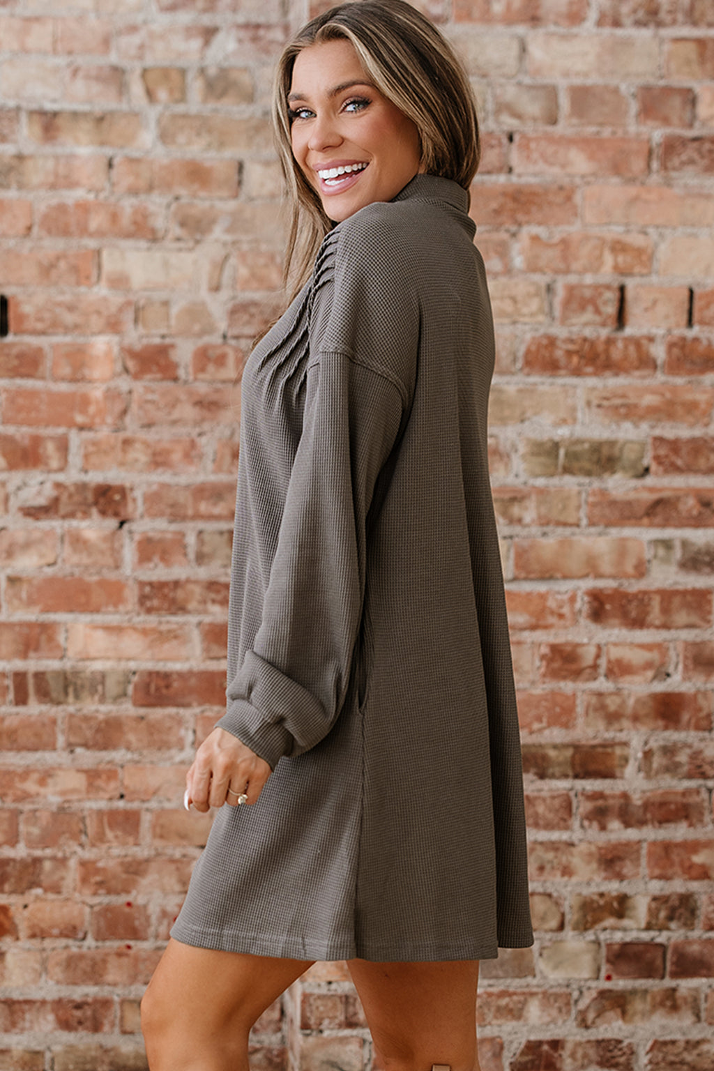 Simply Taupe Waffle Knit Shirt Tunic Dress