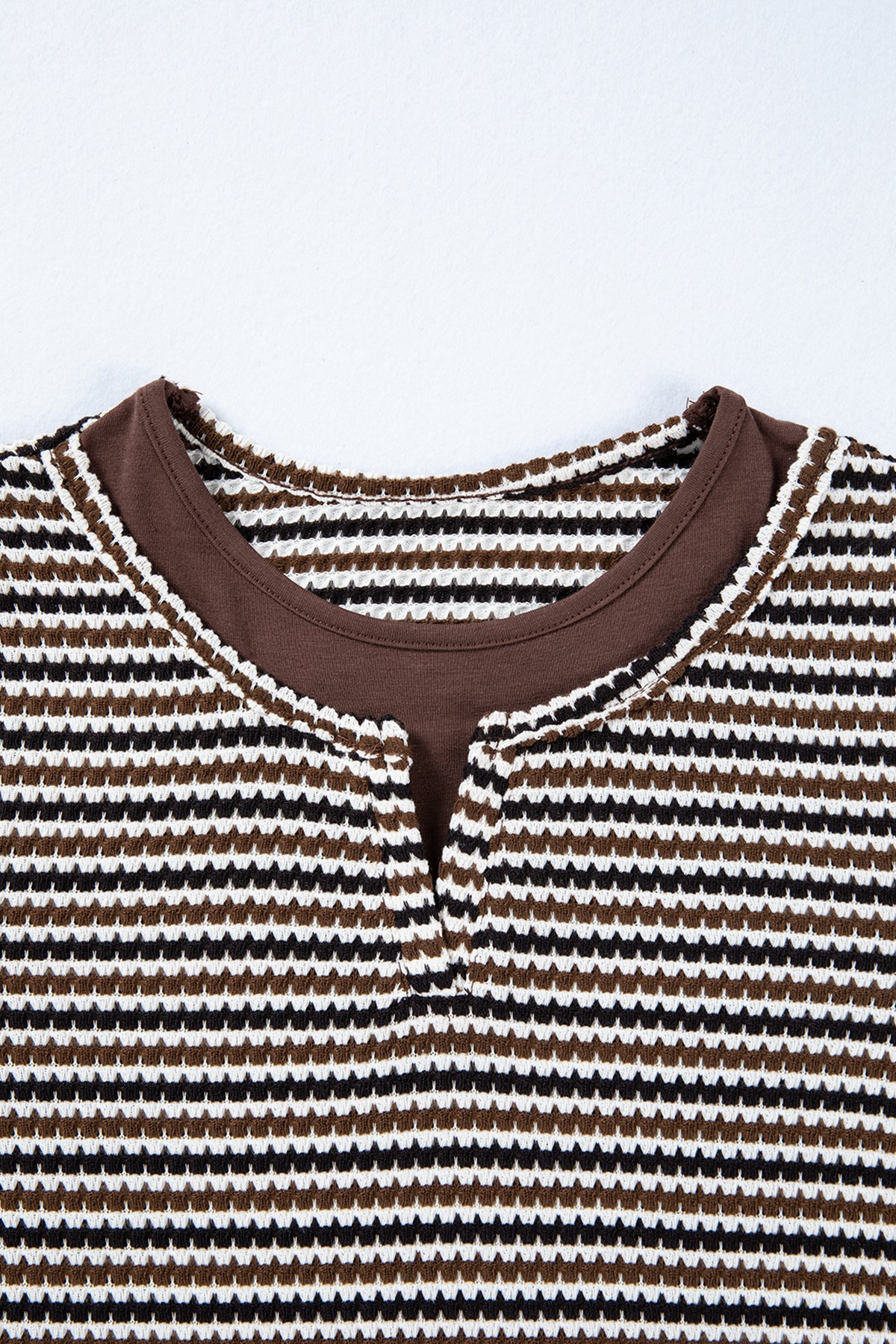 Brown Faux Two Piece Textured Striped Round Neck Long Sleeve T Shirt