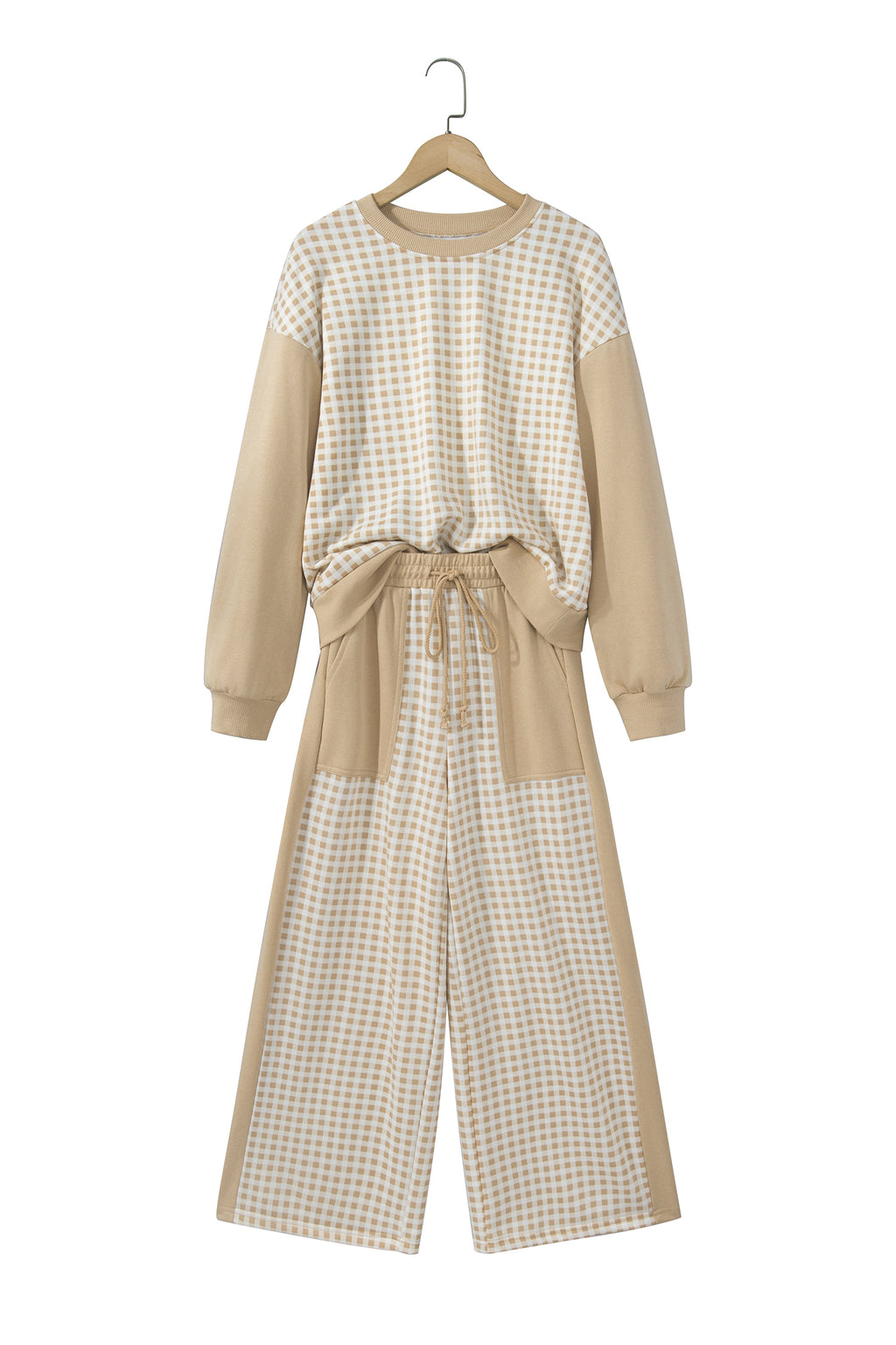 Brown Color Block Plaid Patchwork Long Sleeve Pullover Wide Leg Pant Set