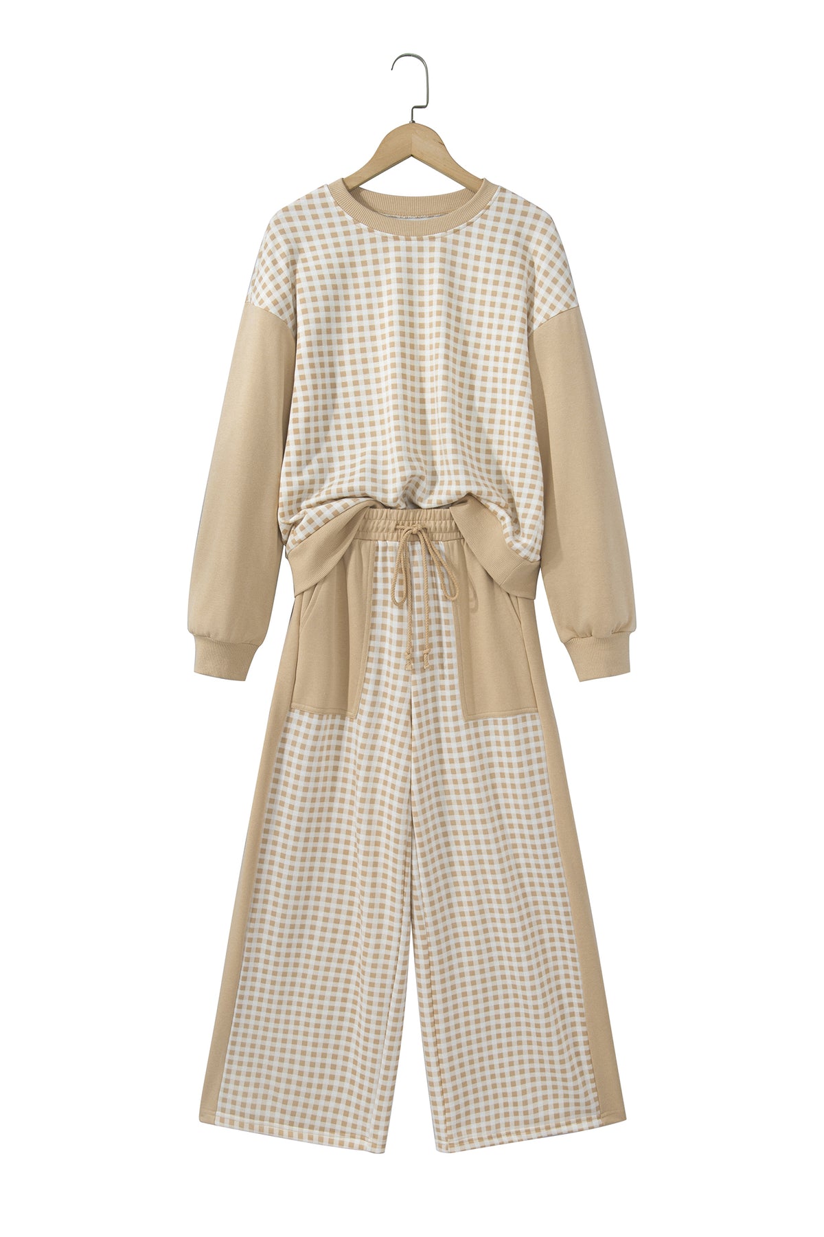 Brown Color Block Plaid Patchwork Long Sleeve Pullover Wide Leg Pant Set