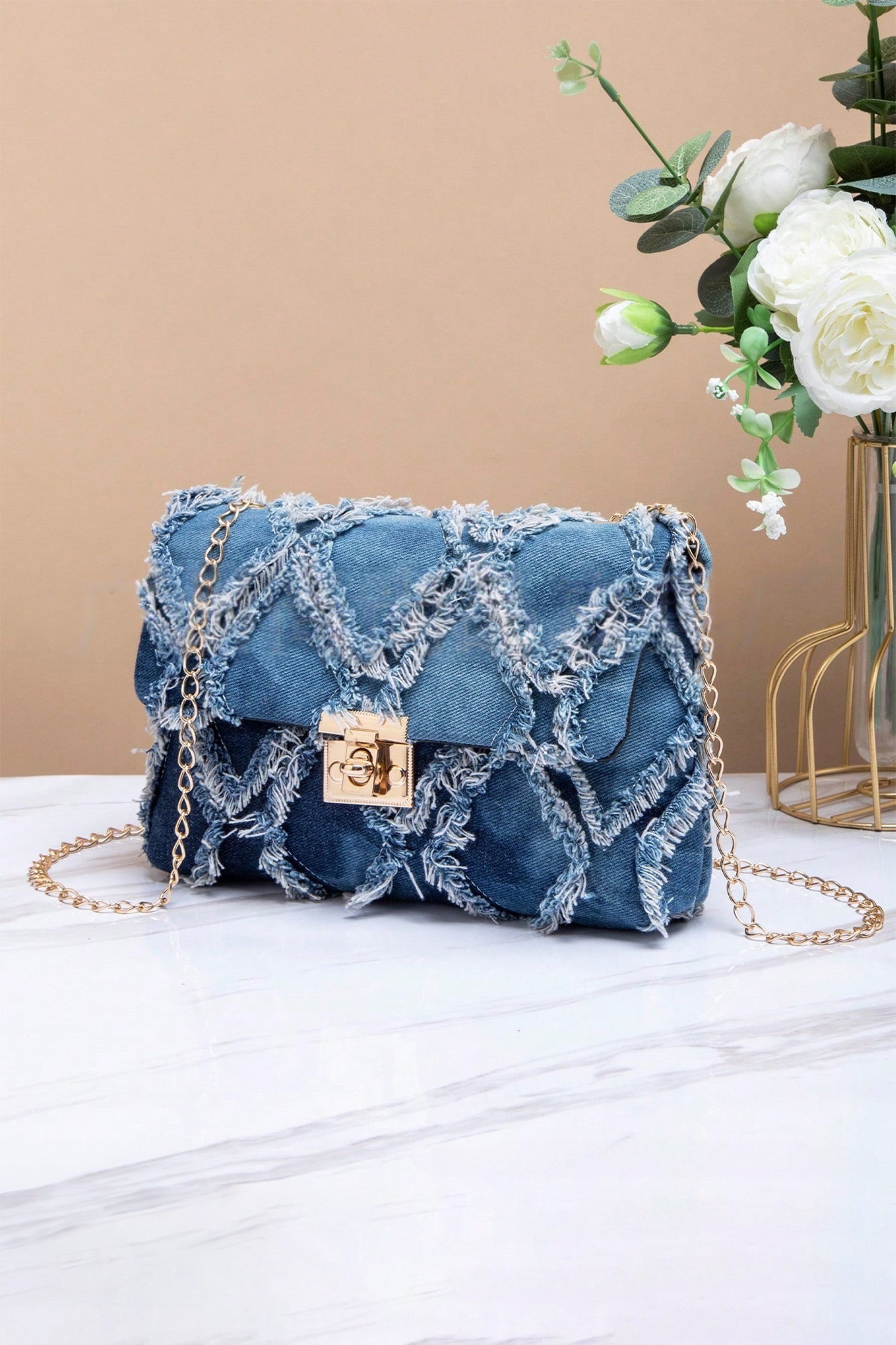 Blue Distressed Lattice Denim Chain Strap Shoulder Bag