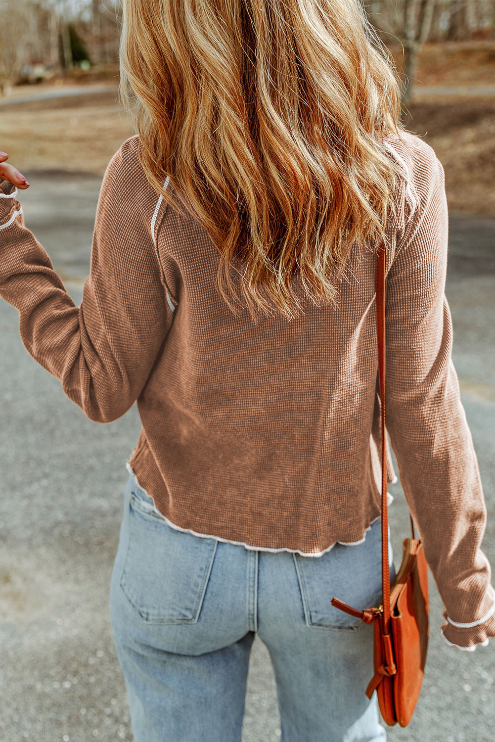 Blue Textured Round Neck Long Sleeve Top