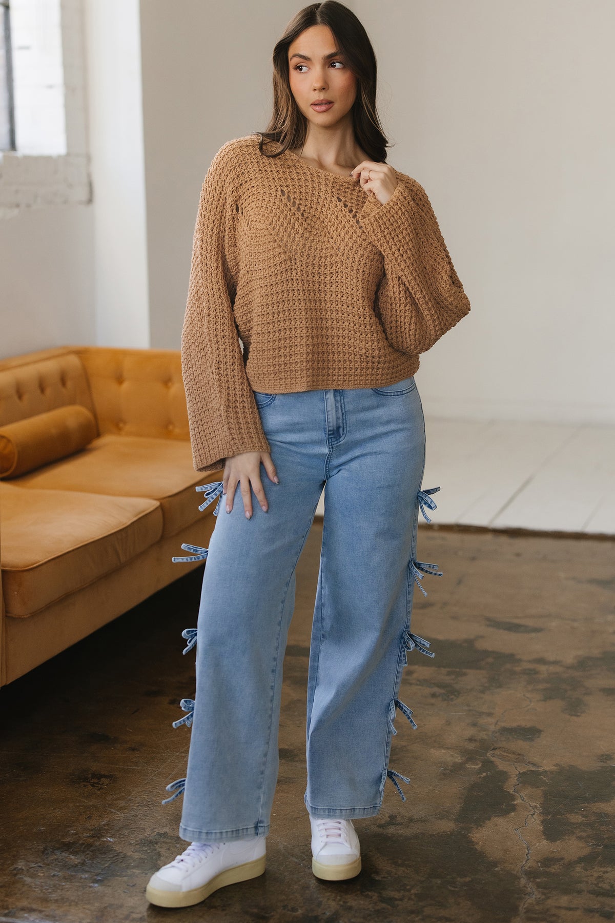 White Hollowed Detail Wide Sleeve Loose Pullover Sweater