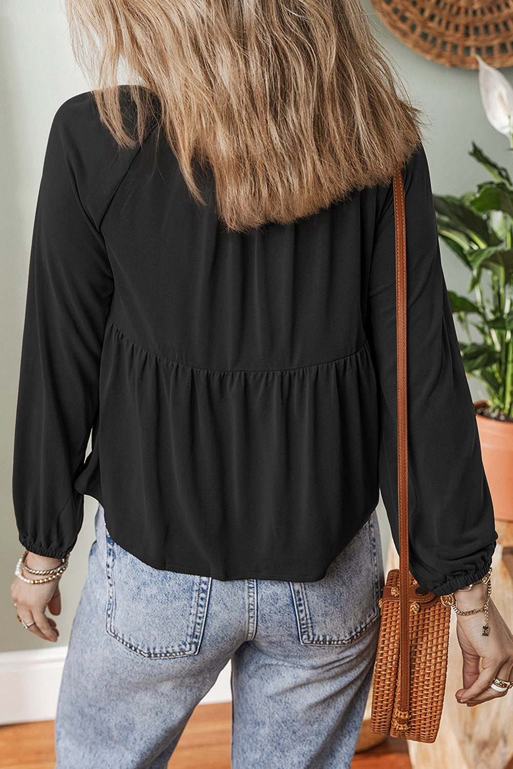 Black Smocked Bust Buttoned Split V Neck Flow Fit Blouse