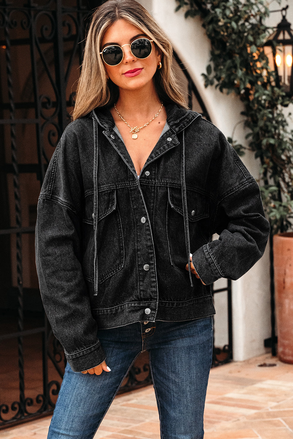 Black Big Chest Pocket Drop Shoulder Hooded Denim Jacket