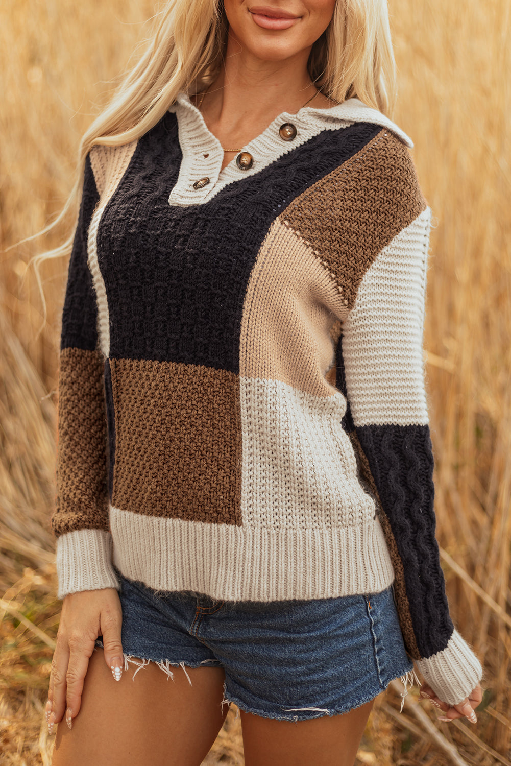 Multicolour Color Block Cable Knit Sleeve Buttons Collared Sweater