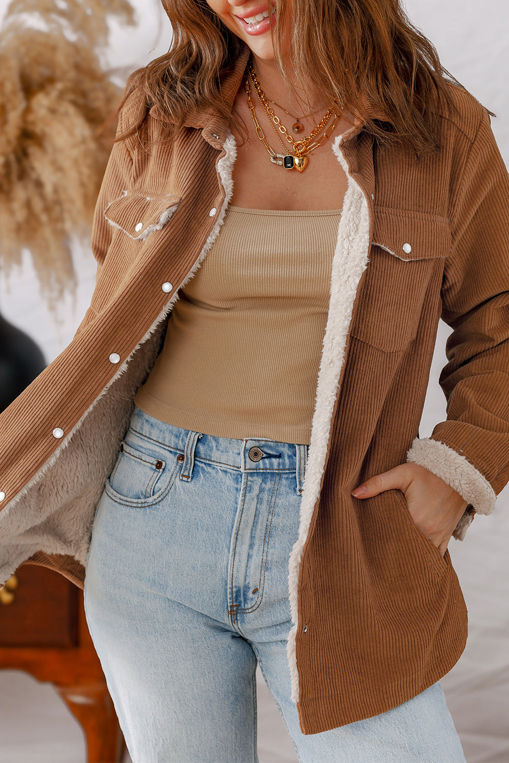 Cinnamon Fleece Lined Buttoned Flap Pockets Corduroy Jacket