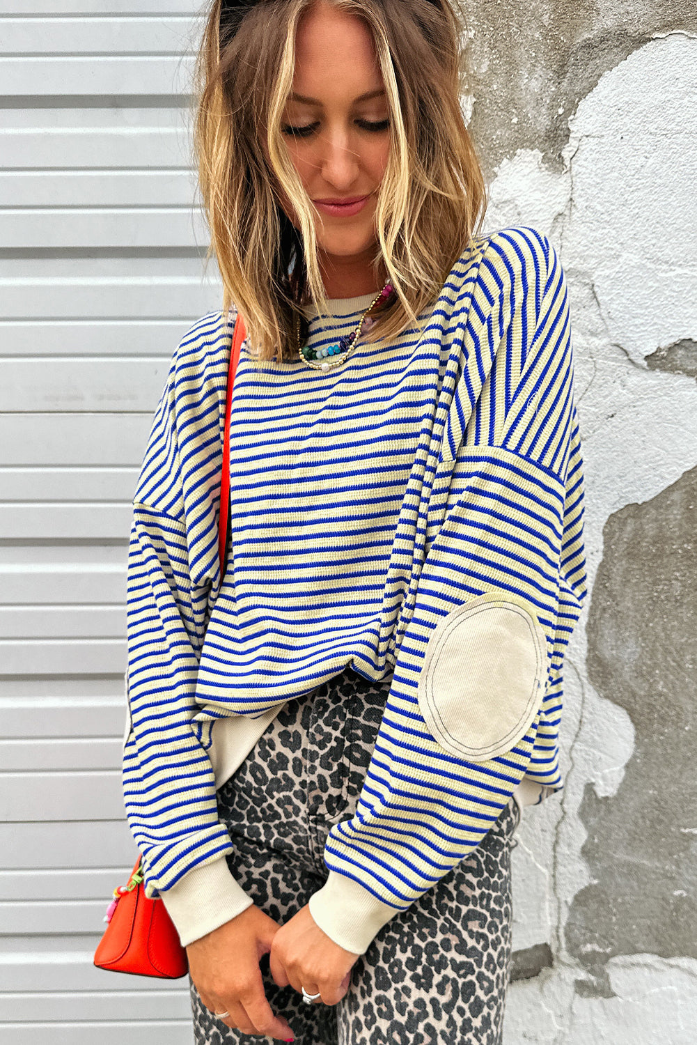 Blue Stripe Textured Elbow Patched Crew Neck Drop Shoulder Sweatshirt