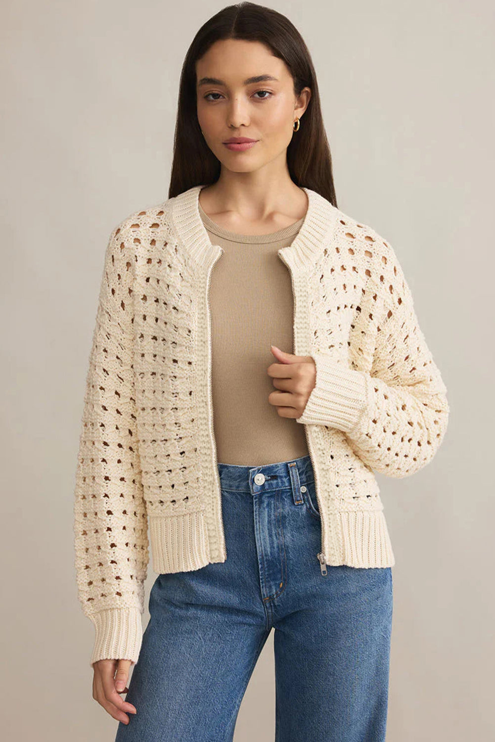 Beige Hollowed Pattern Knit Zip Up Drop Shoulder Sweater Cardigan