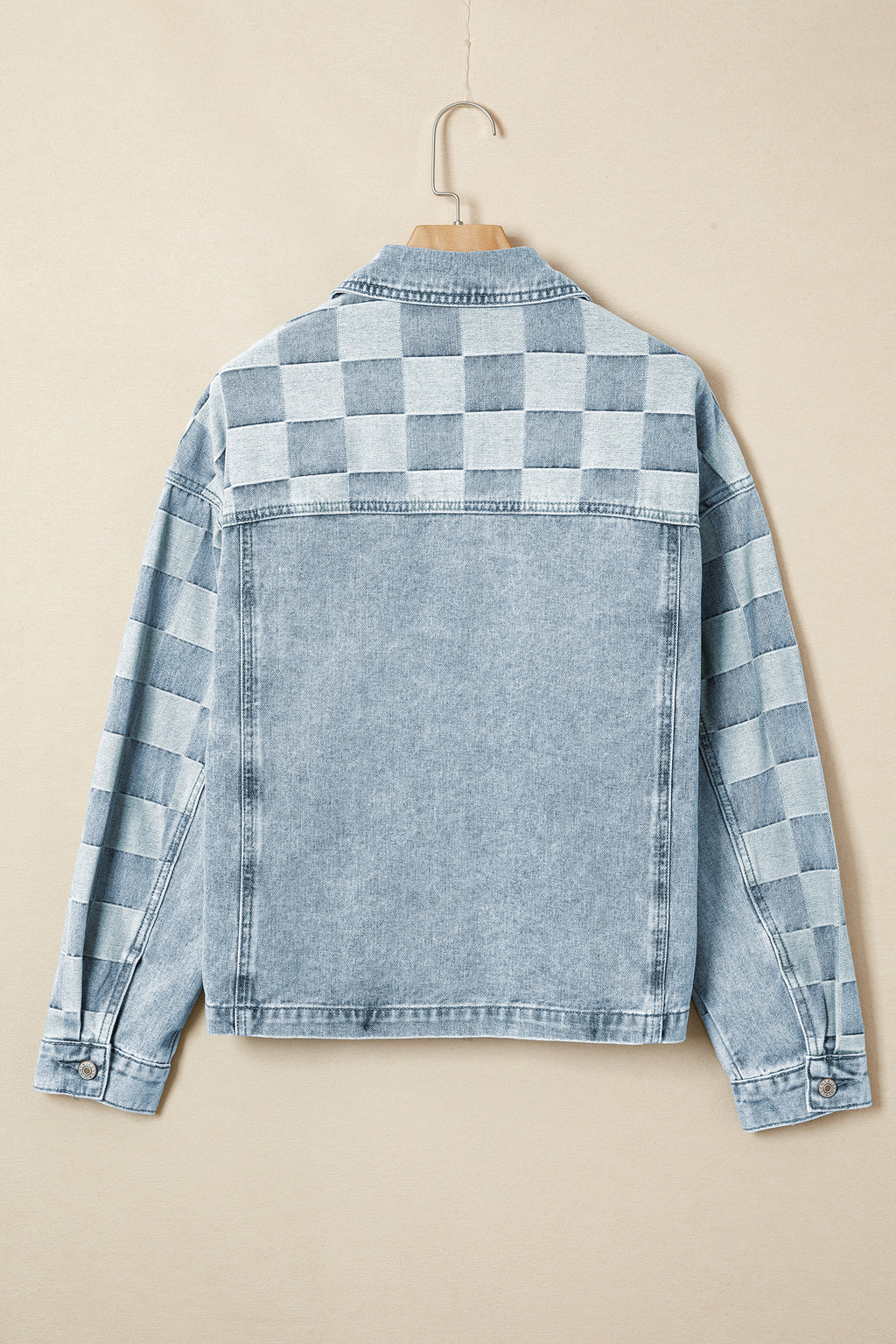 Beau Blue Denim Checkered Pattern Patchwork Womens Casual Jacket