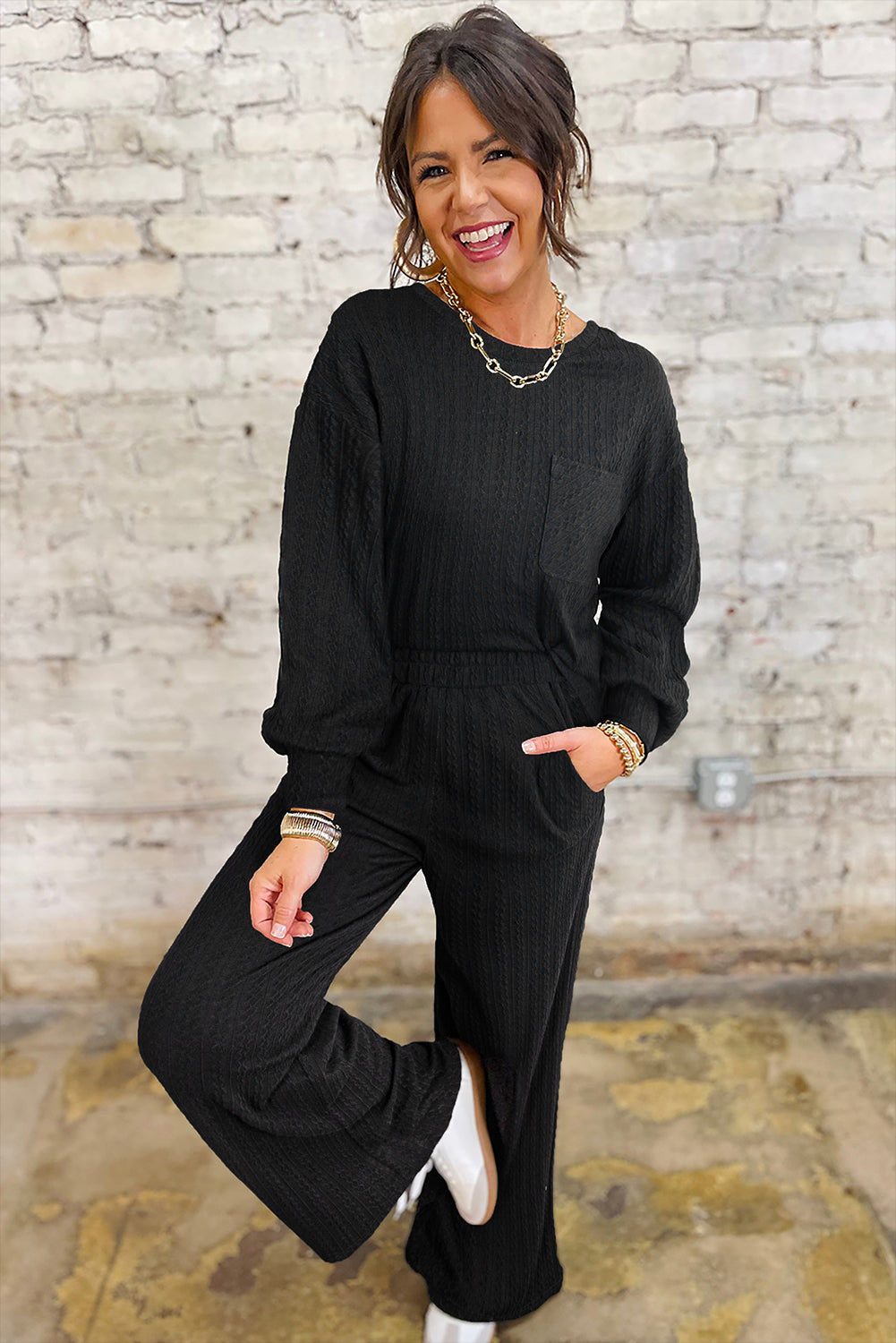 Black Textured Chest Pocket Long Sleeve Top 2Pcs Pants Set