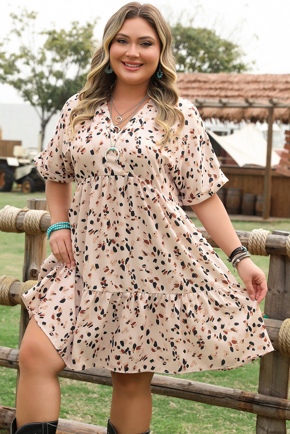 Beige Printed Surplice V Neck Cuffed Sleeve Empire Waist Plus Size Dress