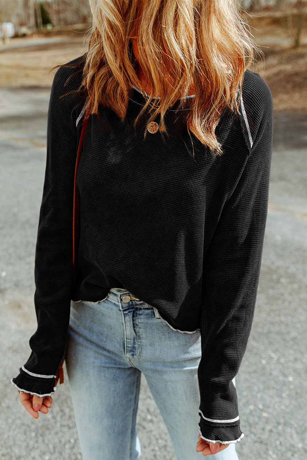 Blue Textured Round Neck Long Sleeve Top