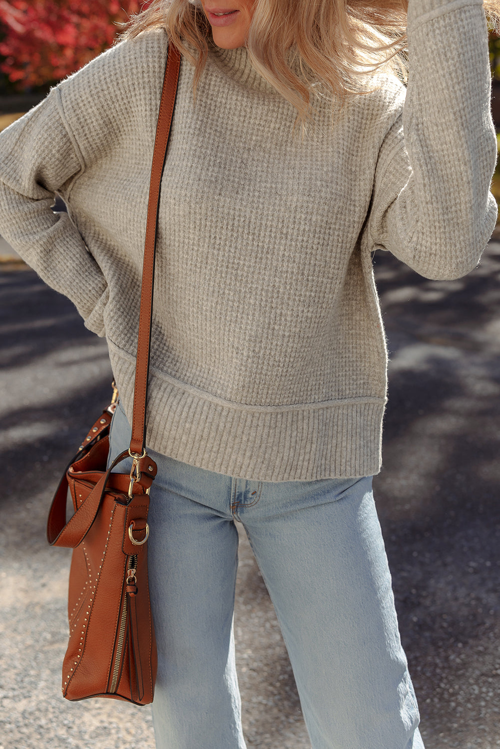 Gray Morn Waffle Texture Knit Ribbed High Neck Drop Shoulder Sweater
